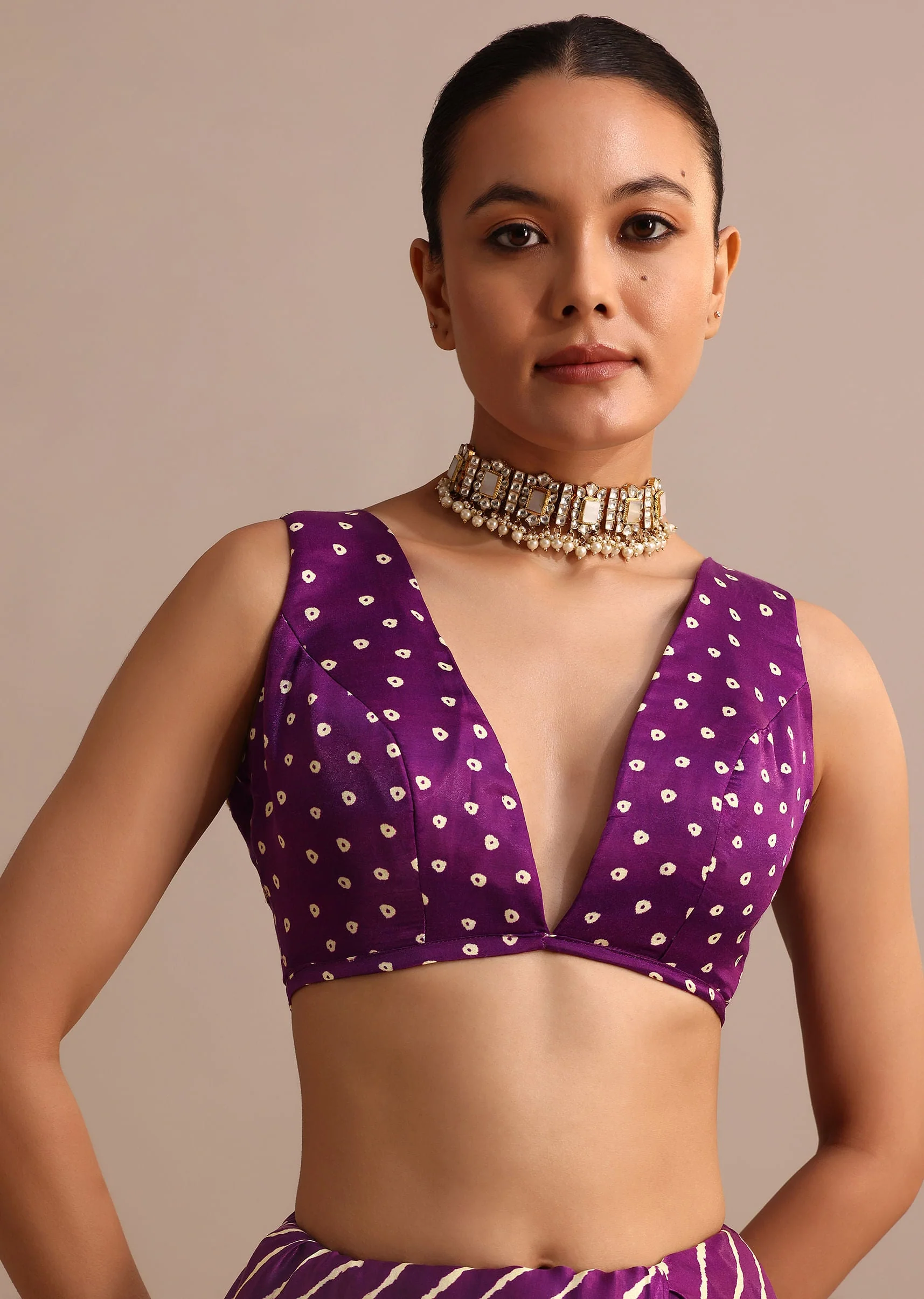 Purple Hand Dyed Lehriya Satin Saree With Gota Patti Work - Image 7