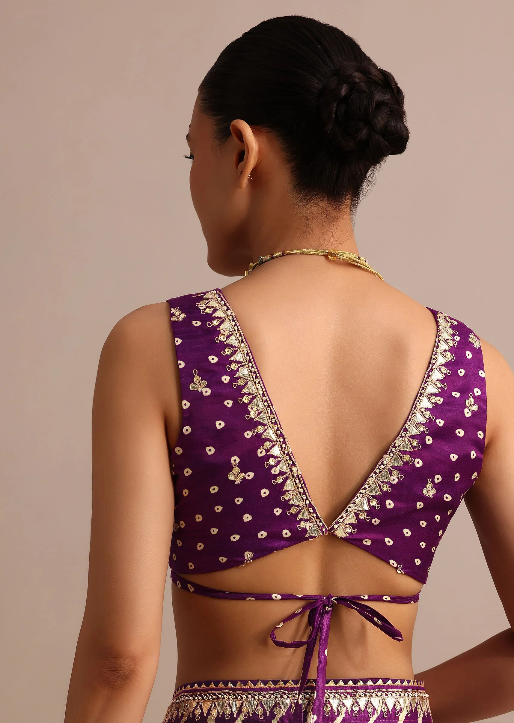 Purple Hand Dyed Lehriya Satin Saree With Gota Patti Work - Image 8