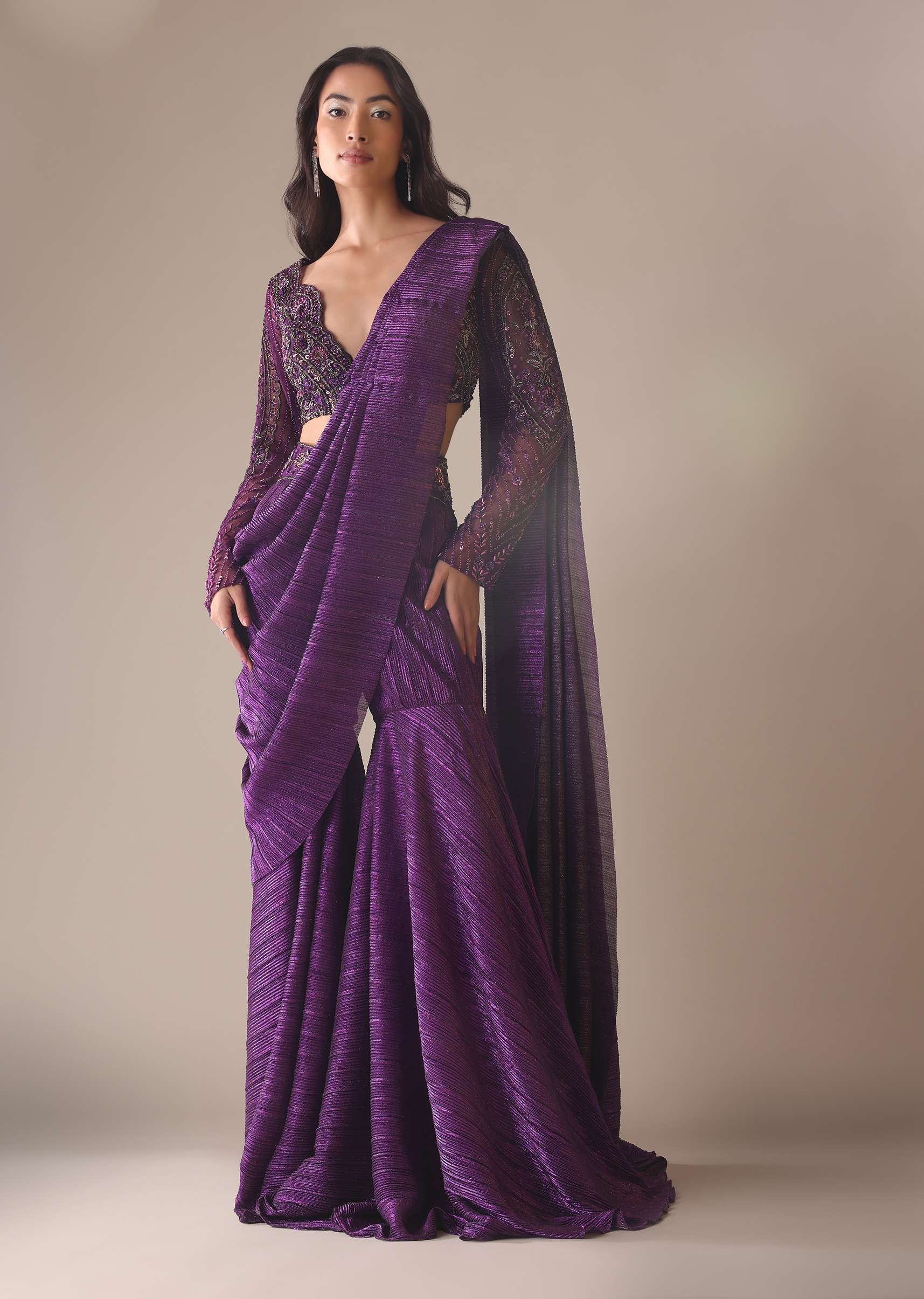 Purple Hand Embroidered Sharara And Blouse Set In Crushed Shimmer - Image 4