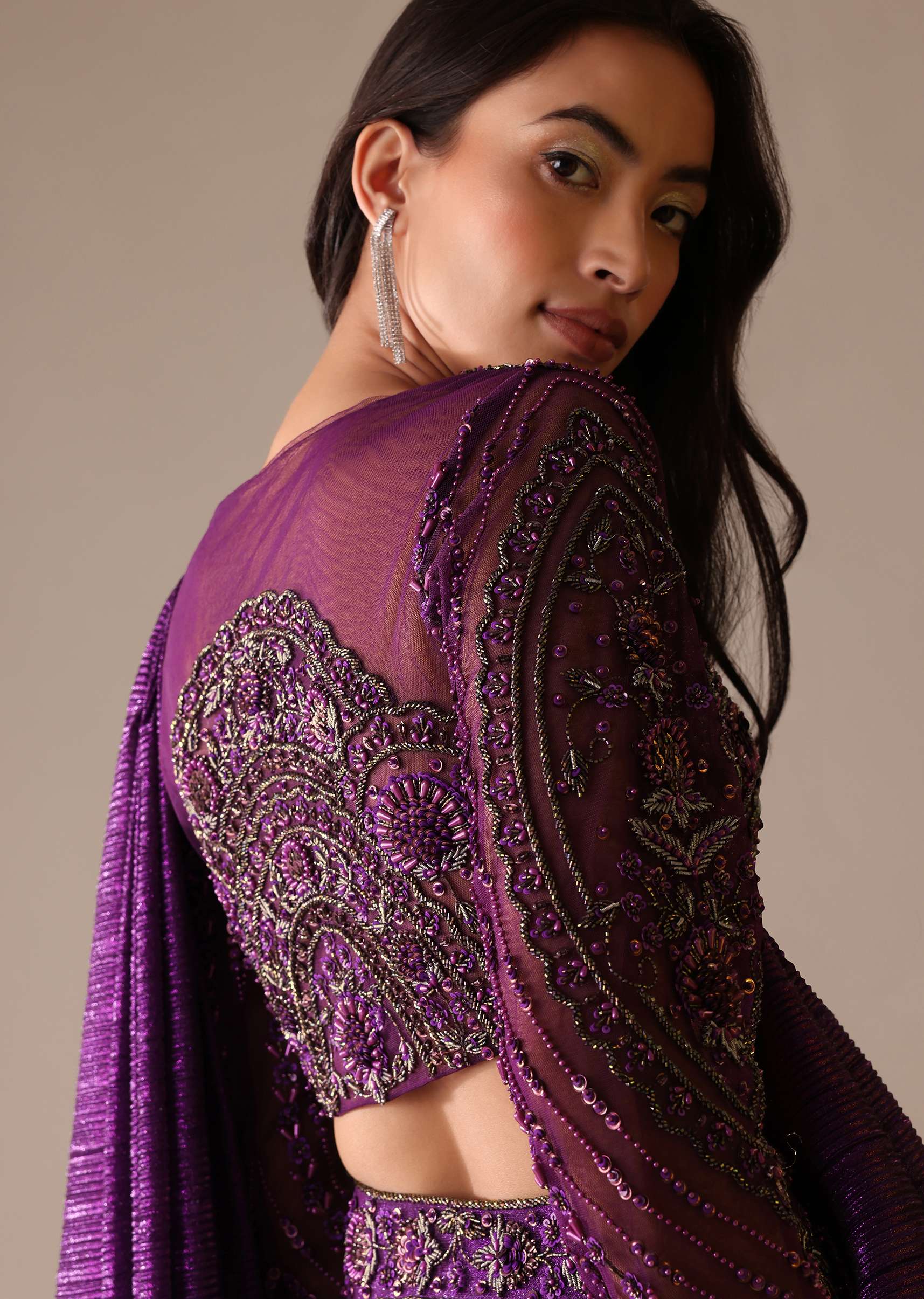 Purple Hand Embroidered Sharara And Blouse Set In Crushed Shimmer - Image 5