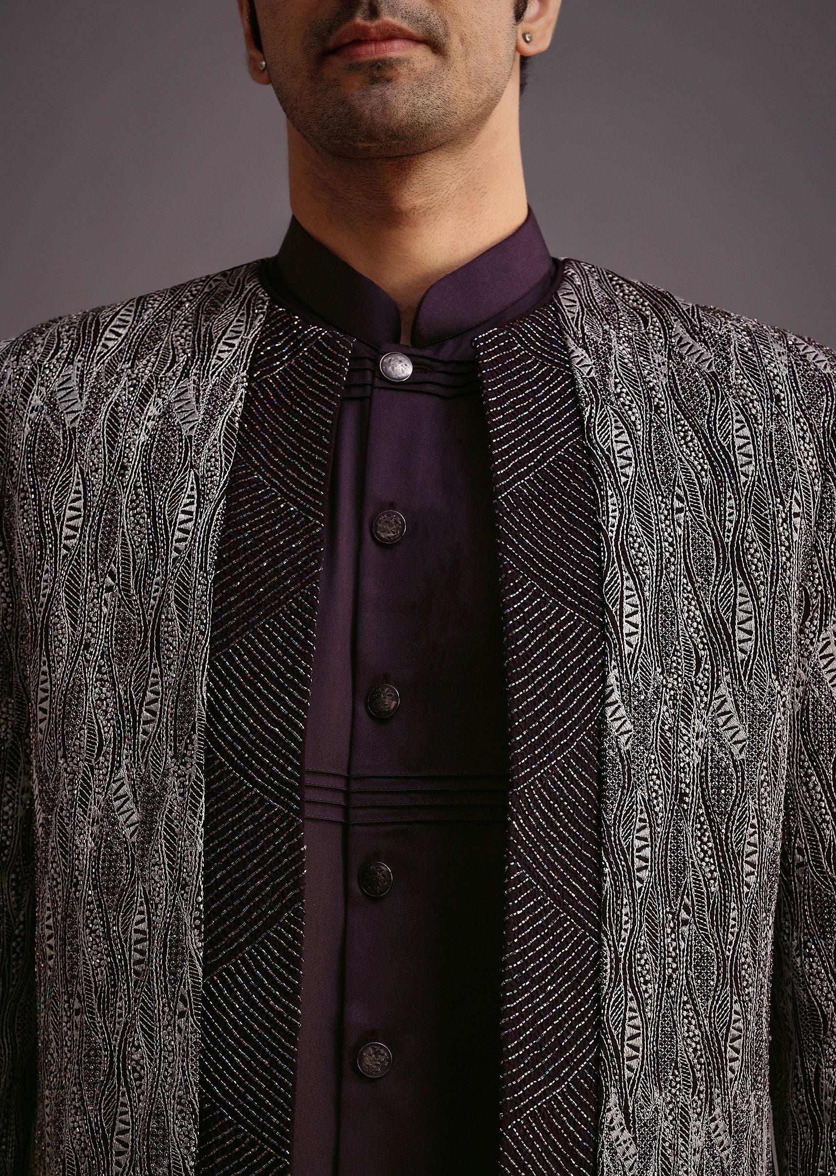 Purple Hand Work Jacket Kurta Set - Image 3
