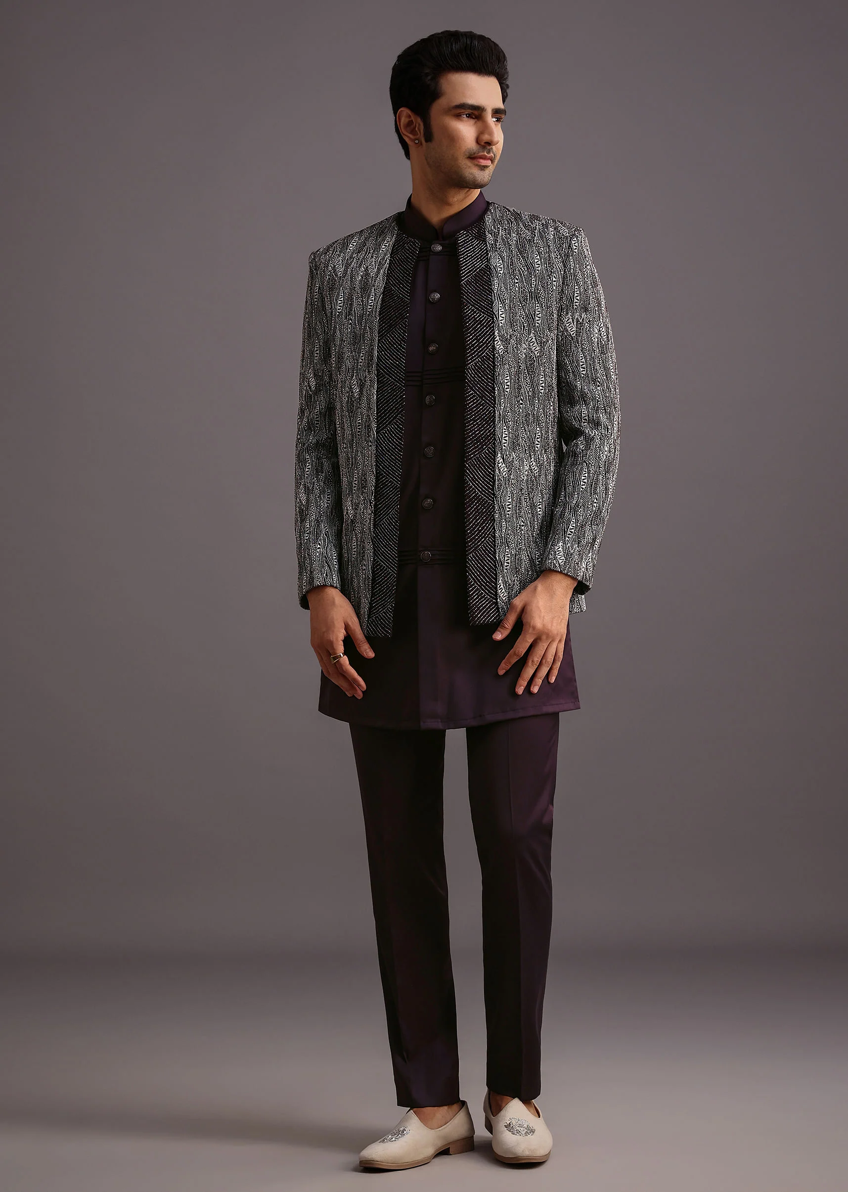Purple Hand Work Jacket Kurta Set - Image 4
