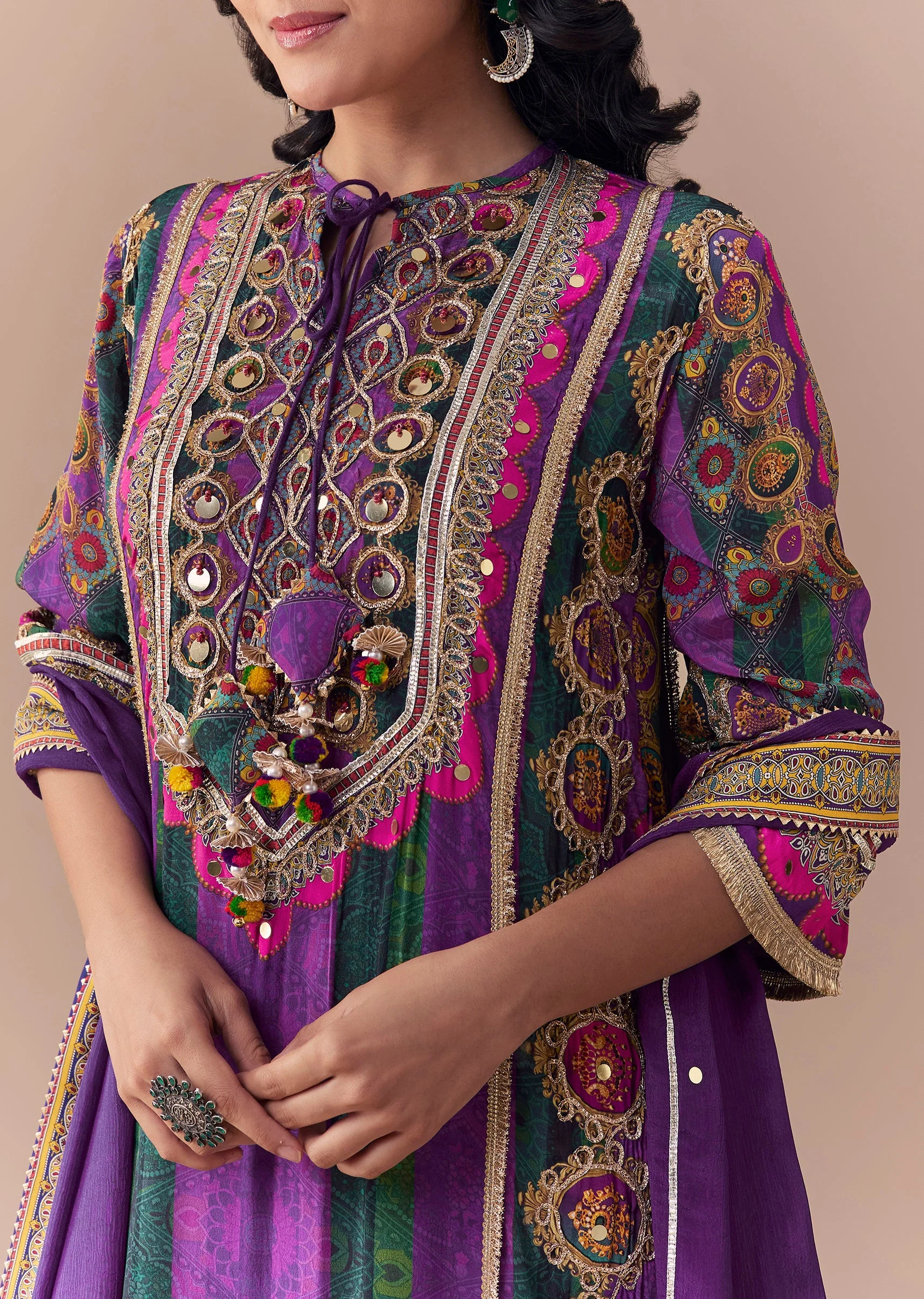 Purple Indie Print Crepe Kurta Set with Handbag - Image 2