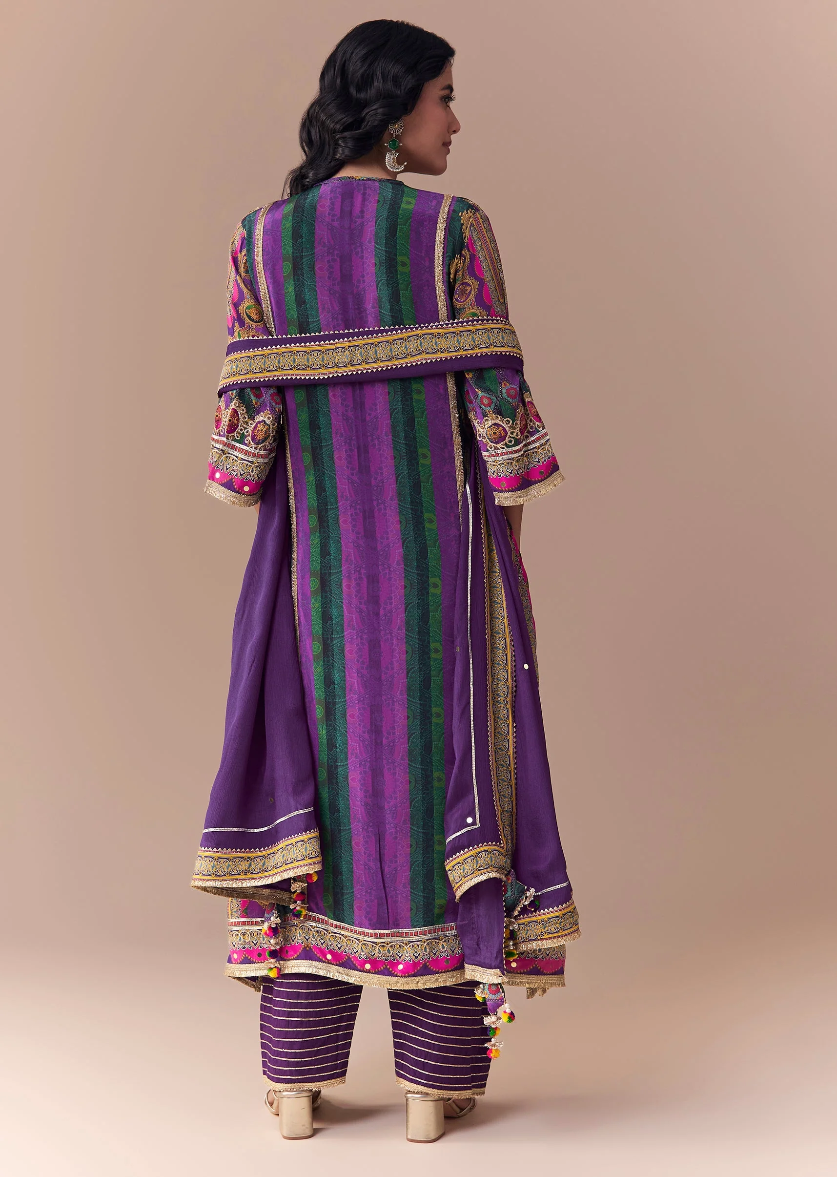 Purple Indie Print Crepe Kurta Set with Handbag - Image 5