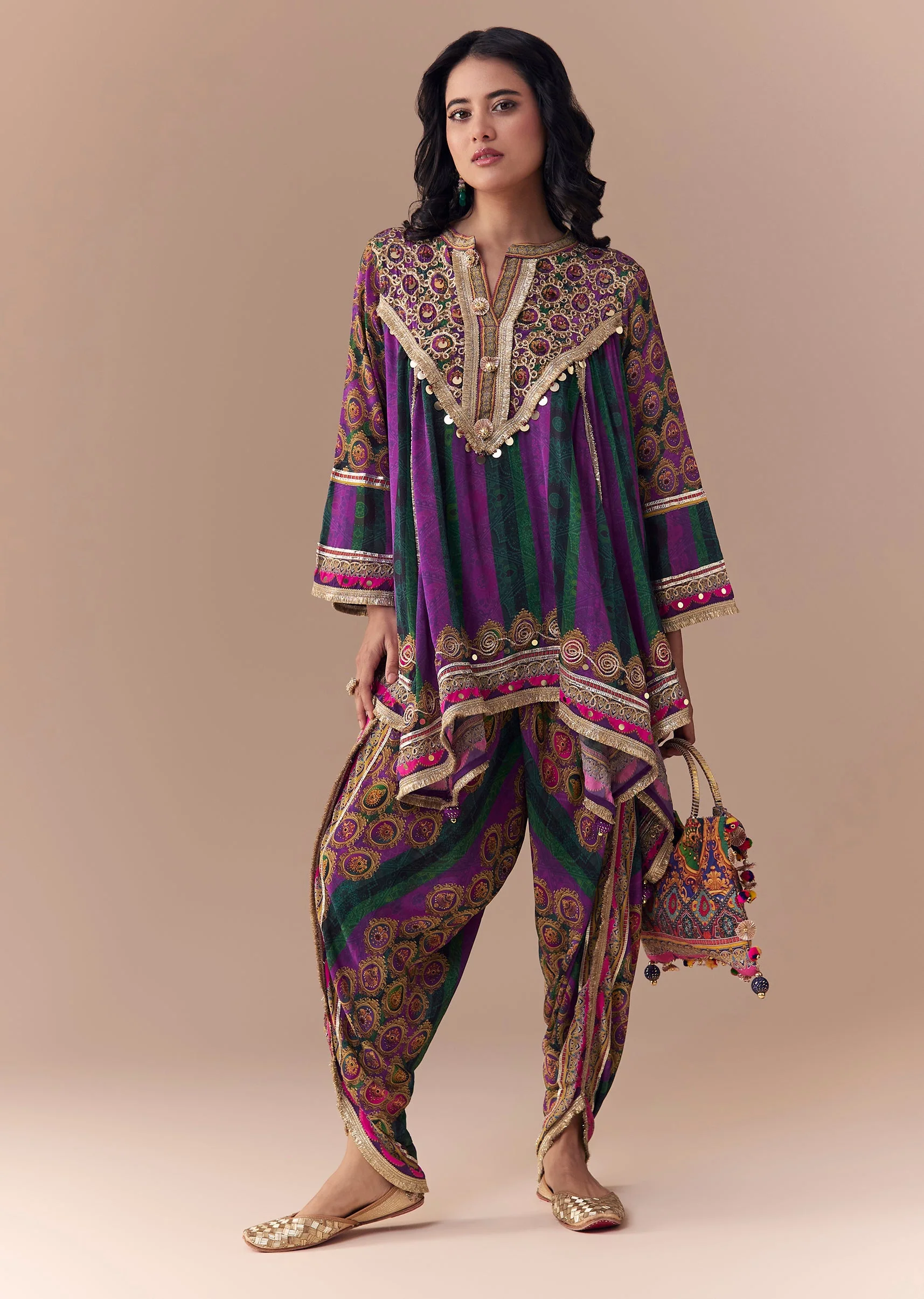 Purple Indie Print Dhoti Set with Handbag - Image 3