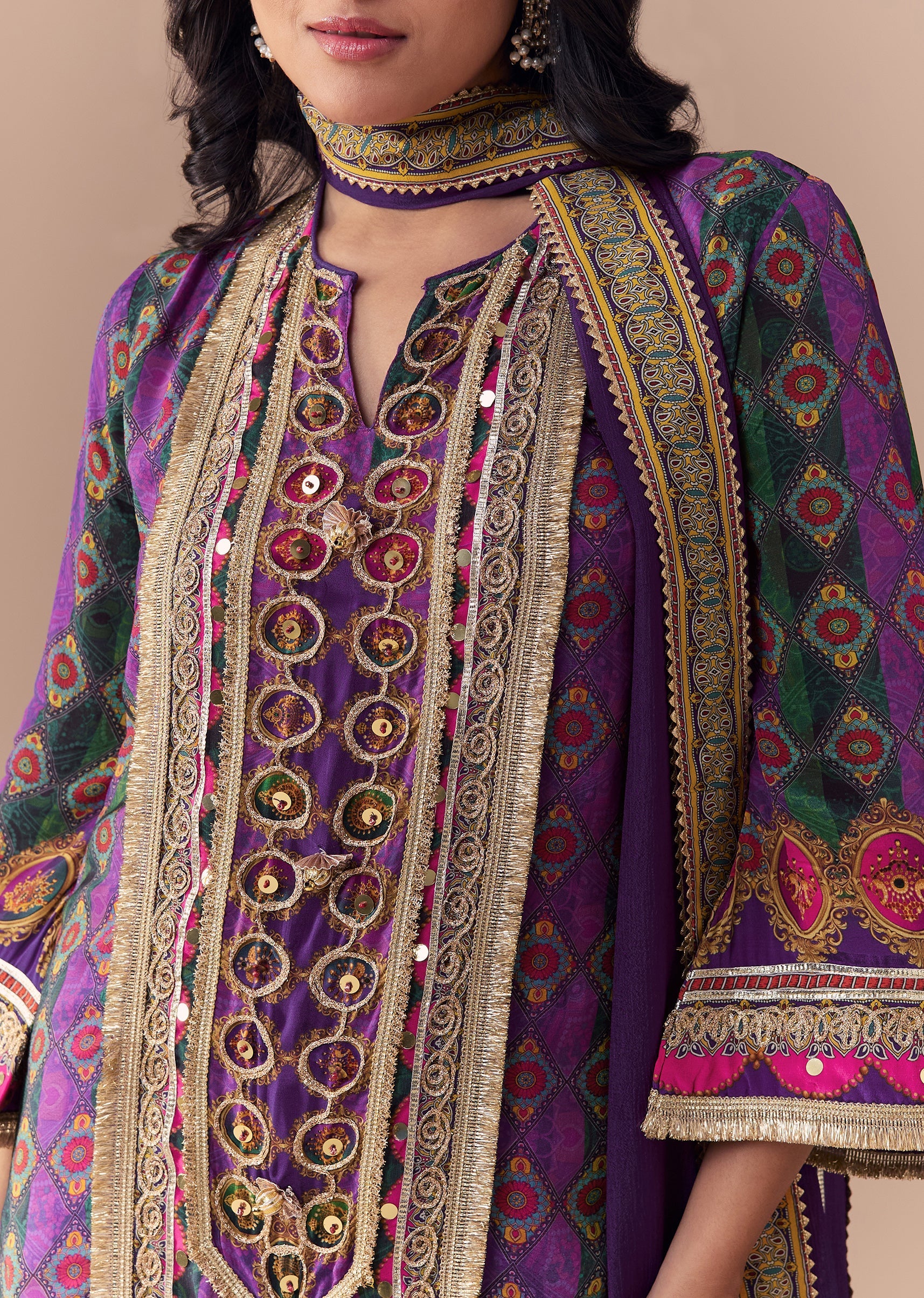 Purple Indie Print Kurta Sharara Set with Handbag - Image 2