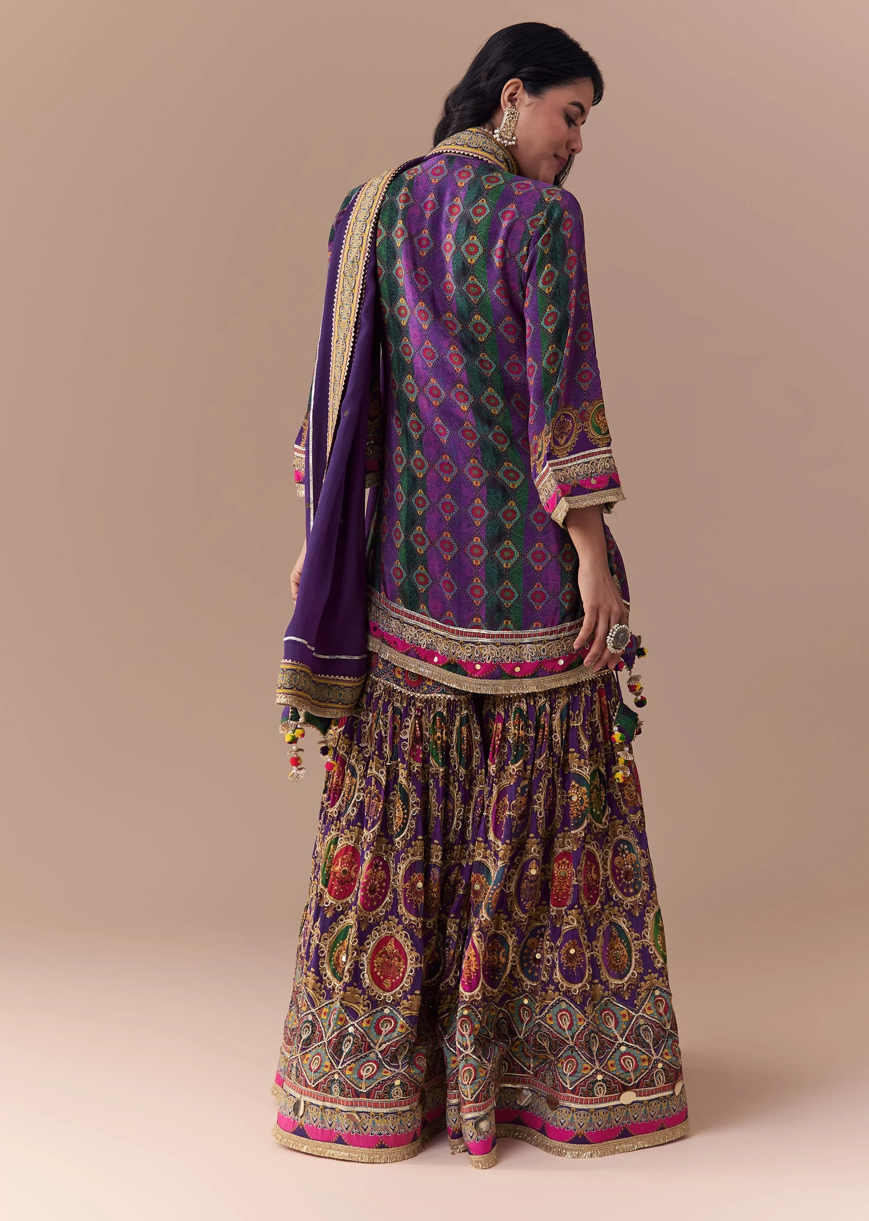 Purple Indie Print Kurta Sharara Set with Handbag - Image 5