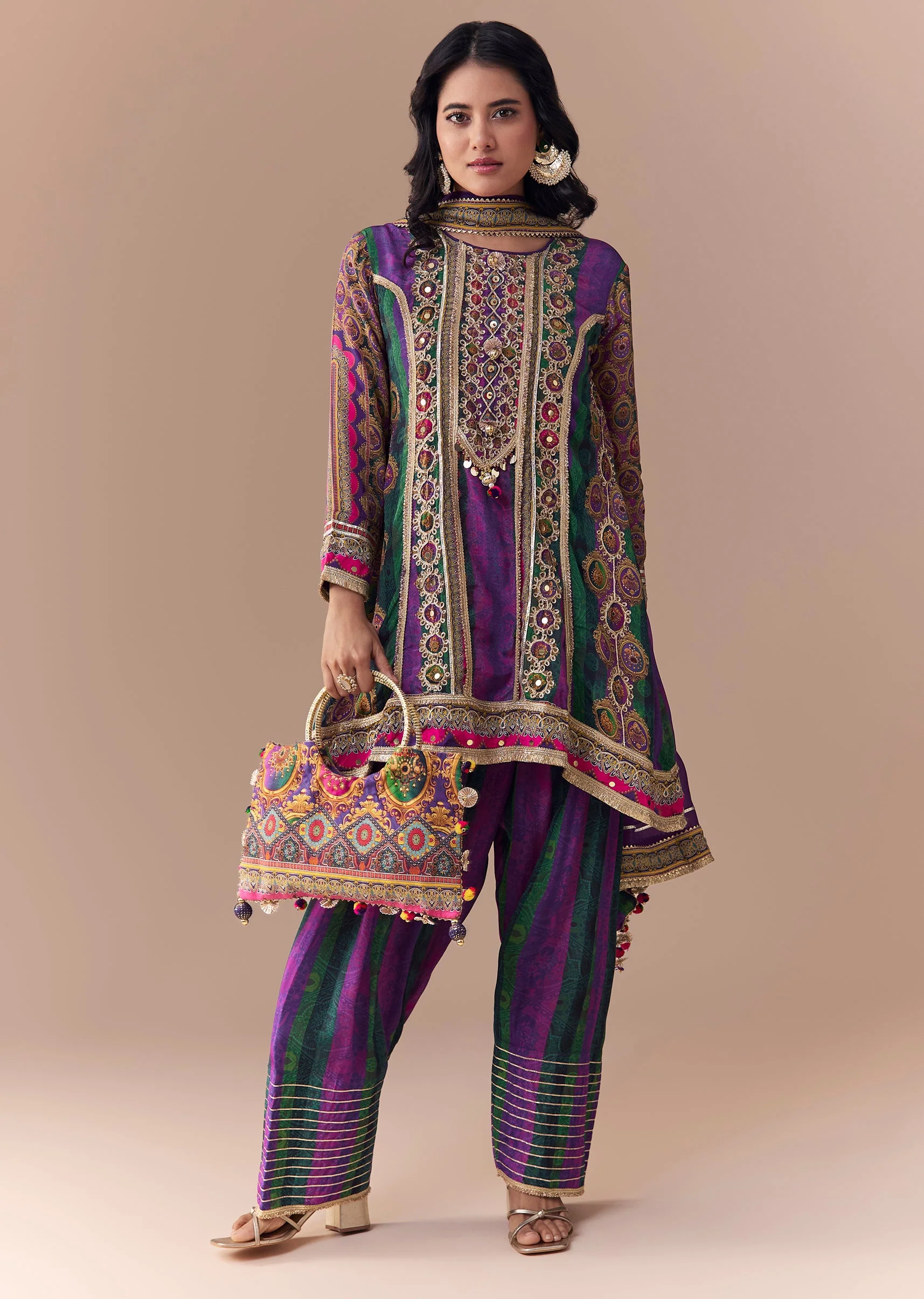 Purple Indie Print Kurti Patiala Suit Set with Handbag - Image 3