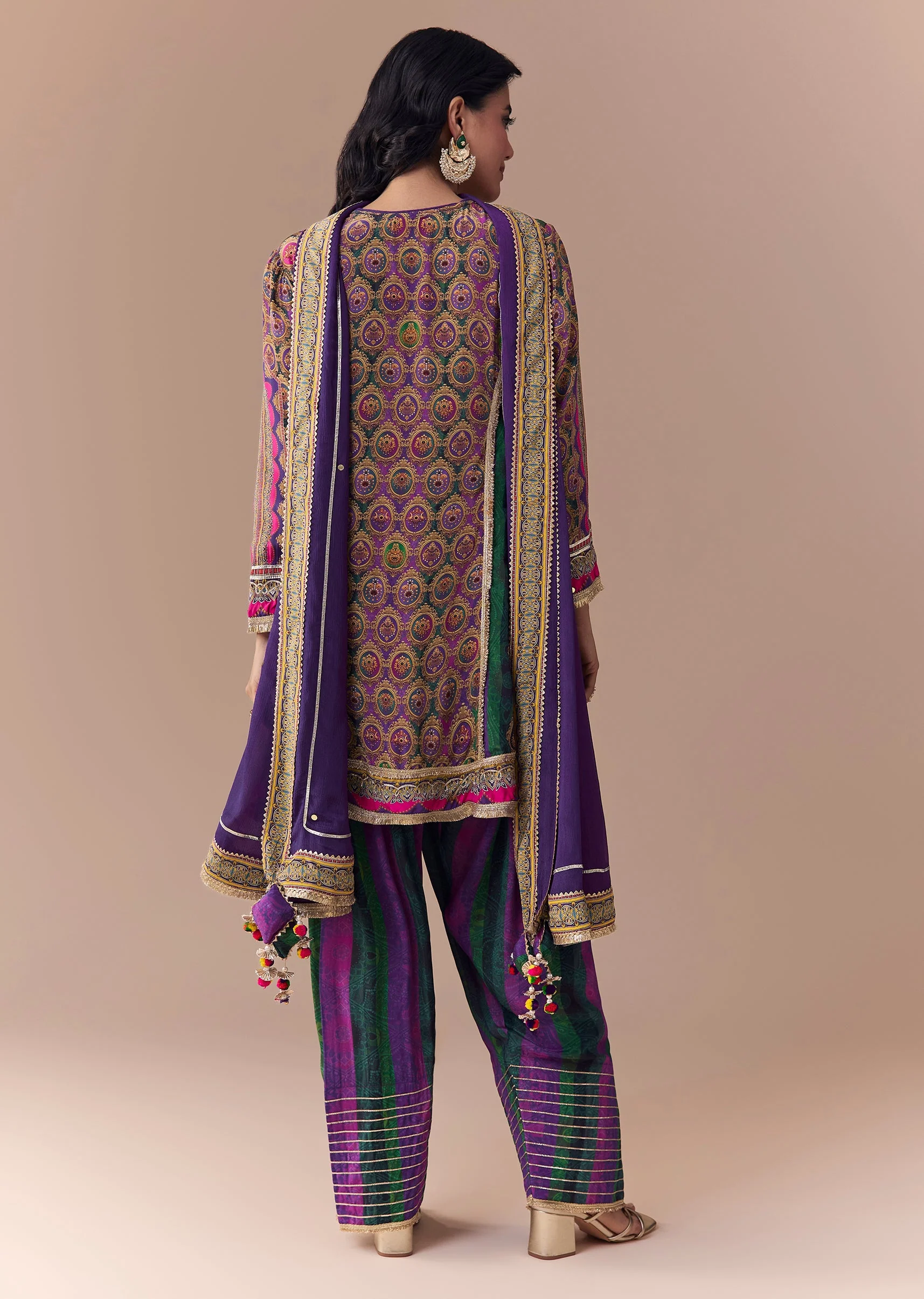 Purple Indie Print Kurti Patiala Suit Set with Handbag - Image 5
