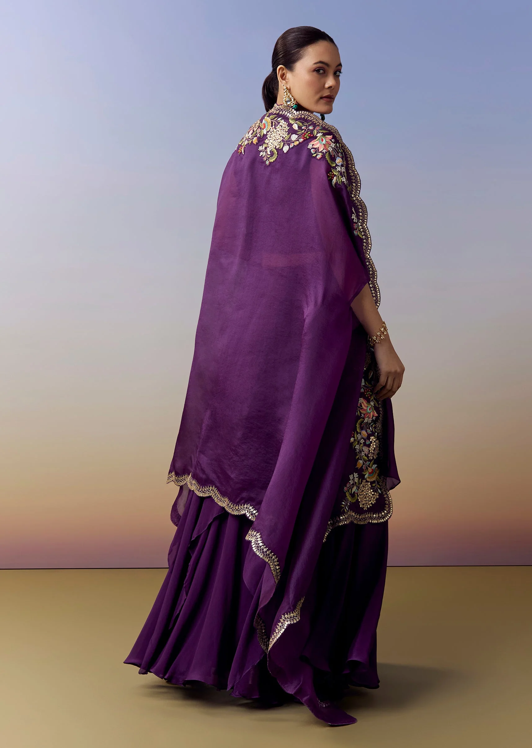 Purple Indo Western Crop Top Skirt Set With Parsi Work - Image 5