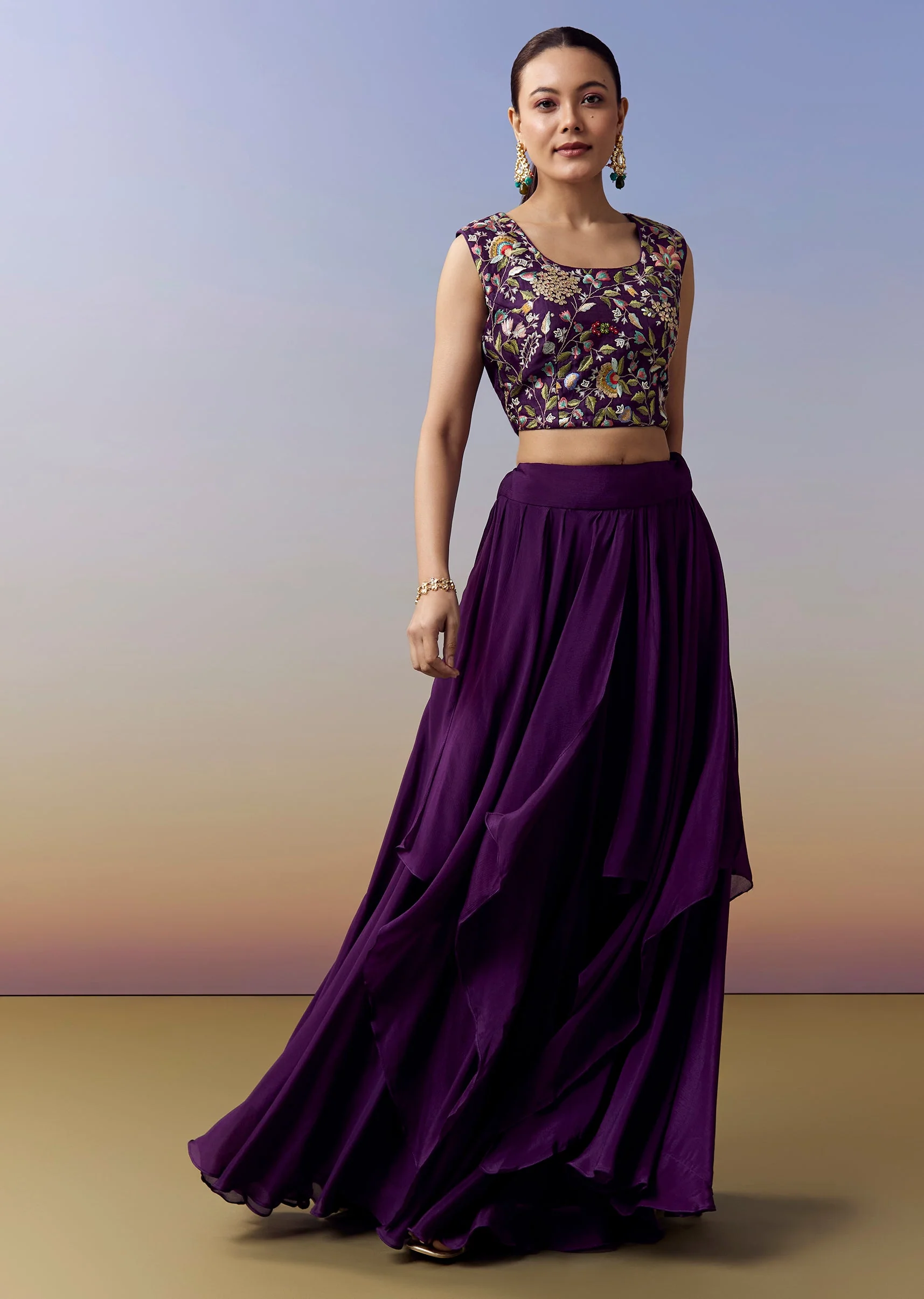 Purple Indo Western Crop Top Skirt Set With Parsi Work - Image 6