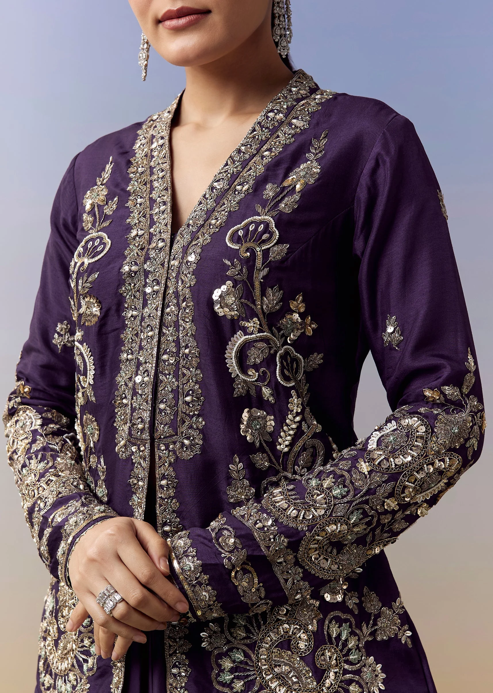Purple Indo Western Crop Top Skirt Set With Zardosi Sequins Work - Image 2