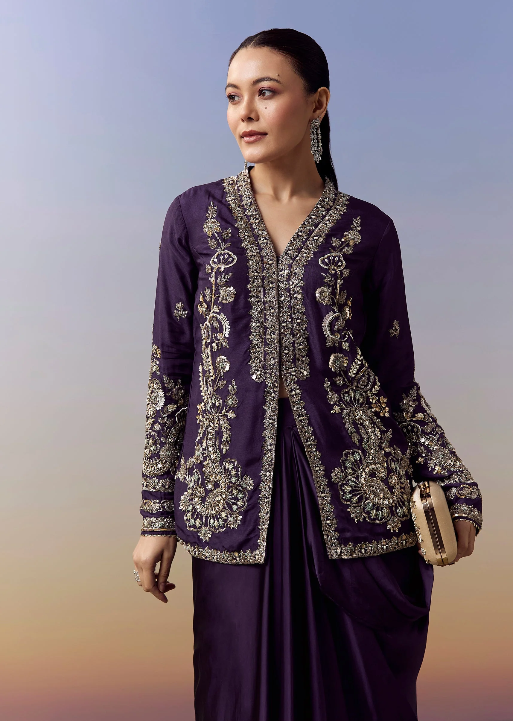 Purple Indo Western Crop Top Skirt Set With Zardosi Sequins Work - Image 4