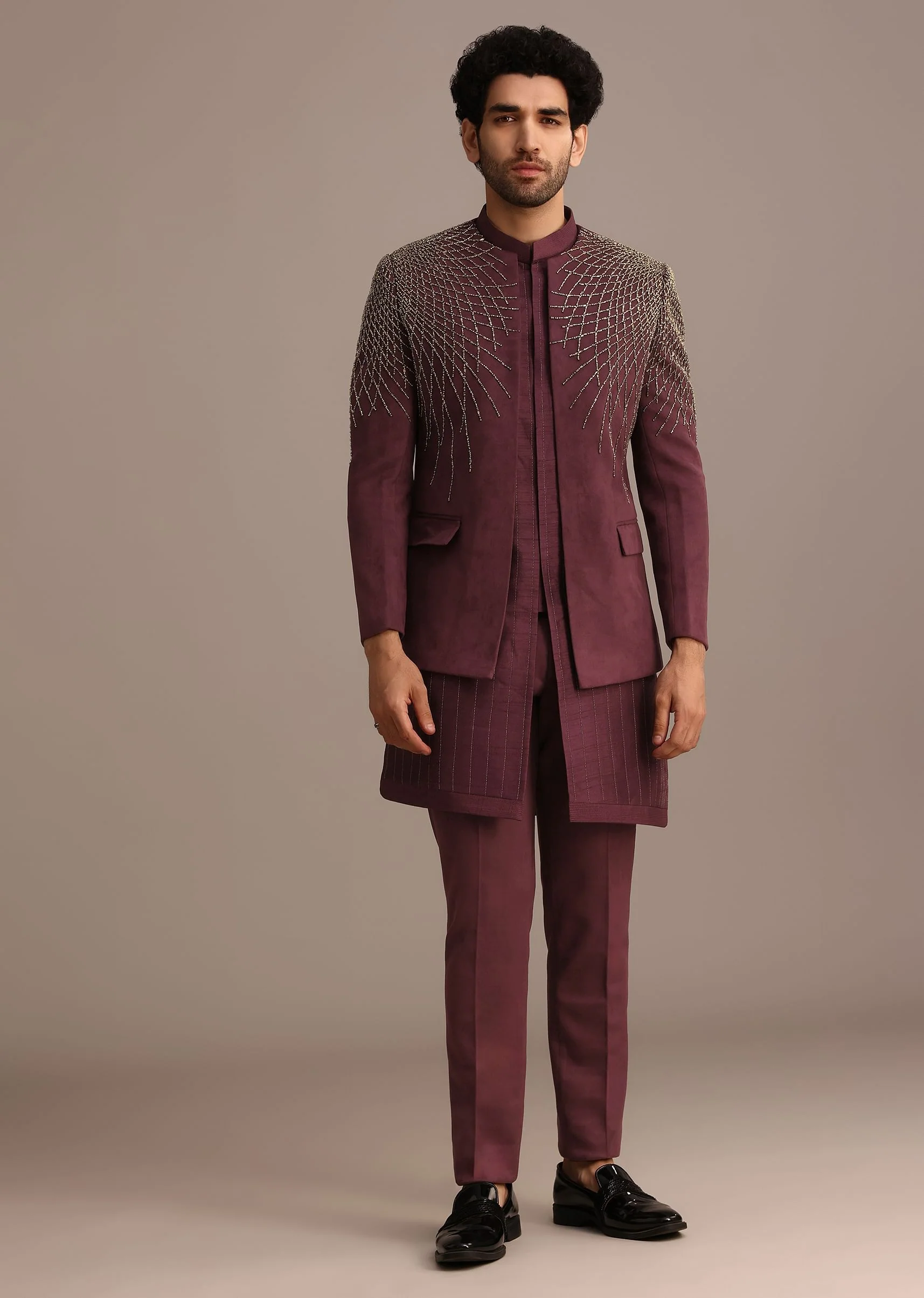Purple Jacquard Indo Western Set With Zardozi Embroidery - Image 3