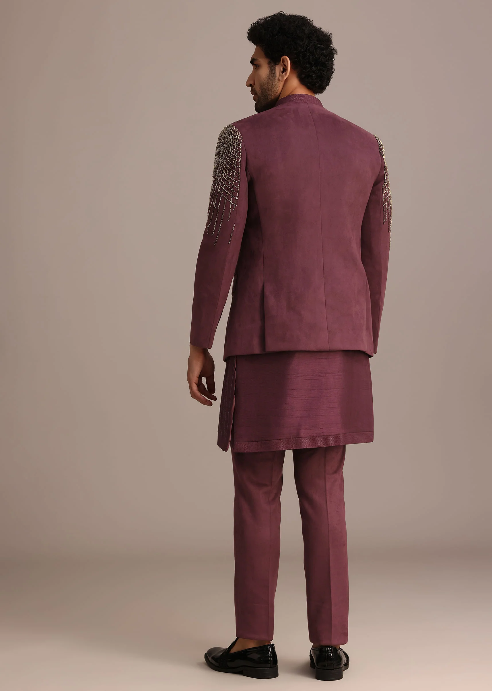 Purple Jacquard Indo Western Set With Zardozi Embroidery - Image 5