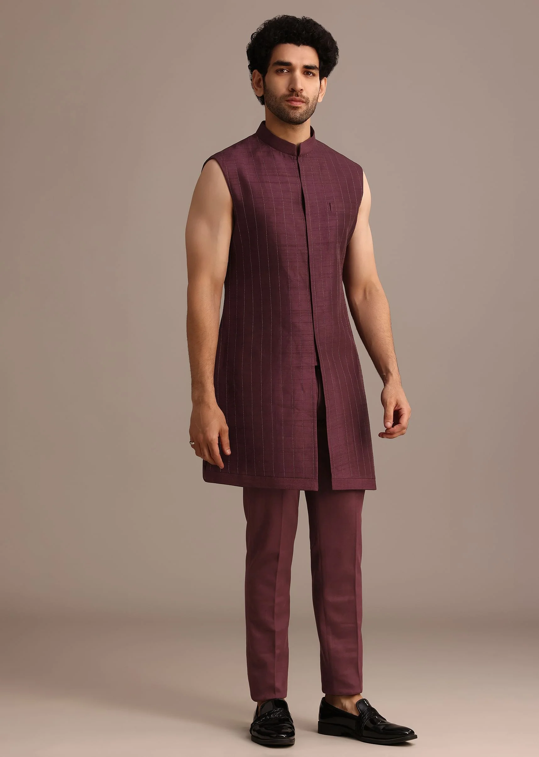 Purple Jacquard Indo Western Set With Zardozi Embroidery - Image 6