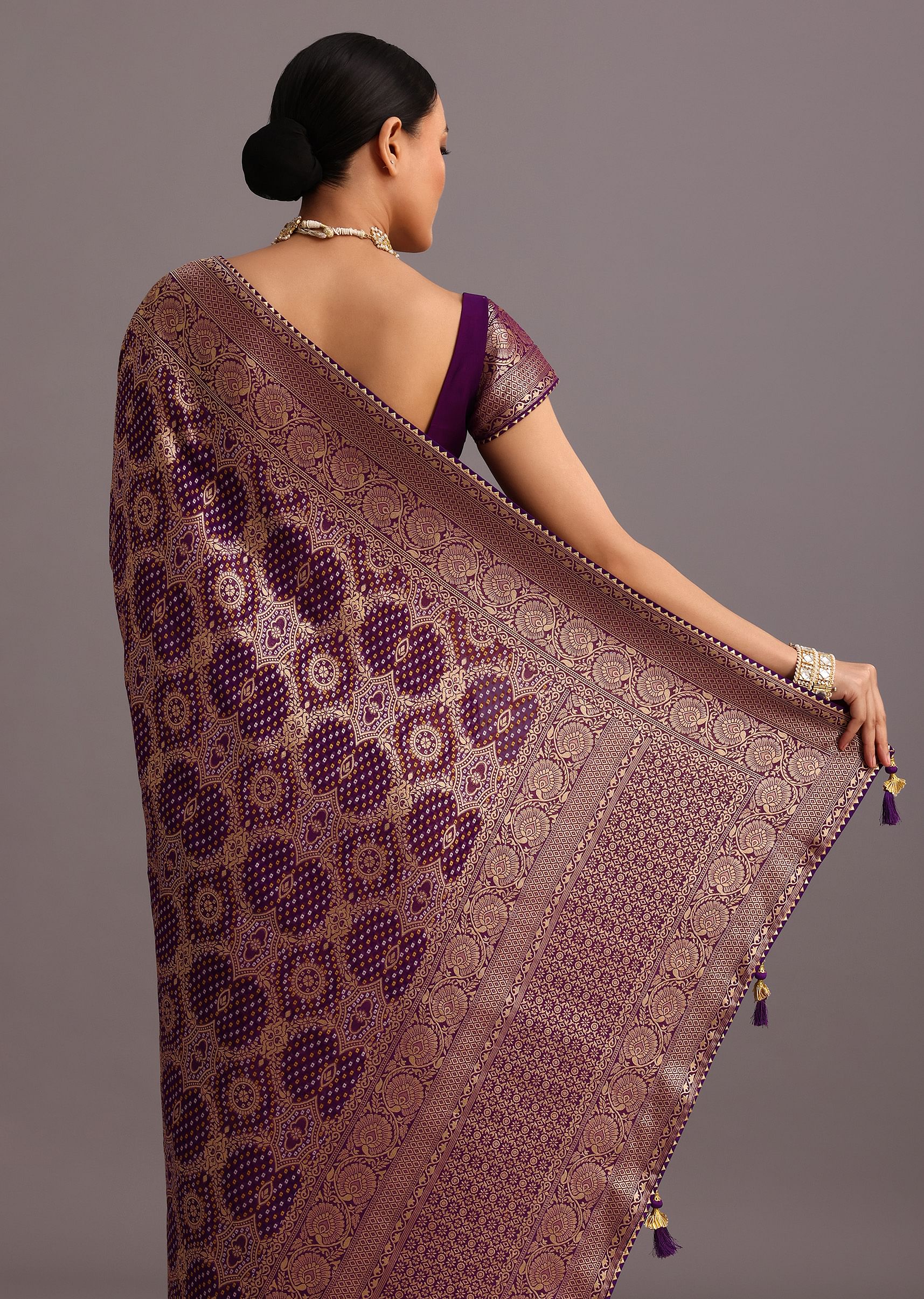 Purple Khaddi Georgette Woven Saree In Bandhani Detail With Gotta Patti Border - Image 4