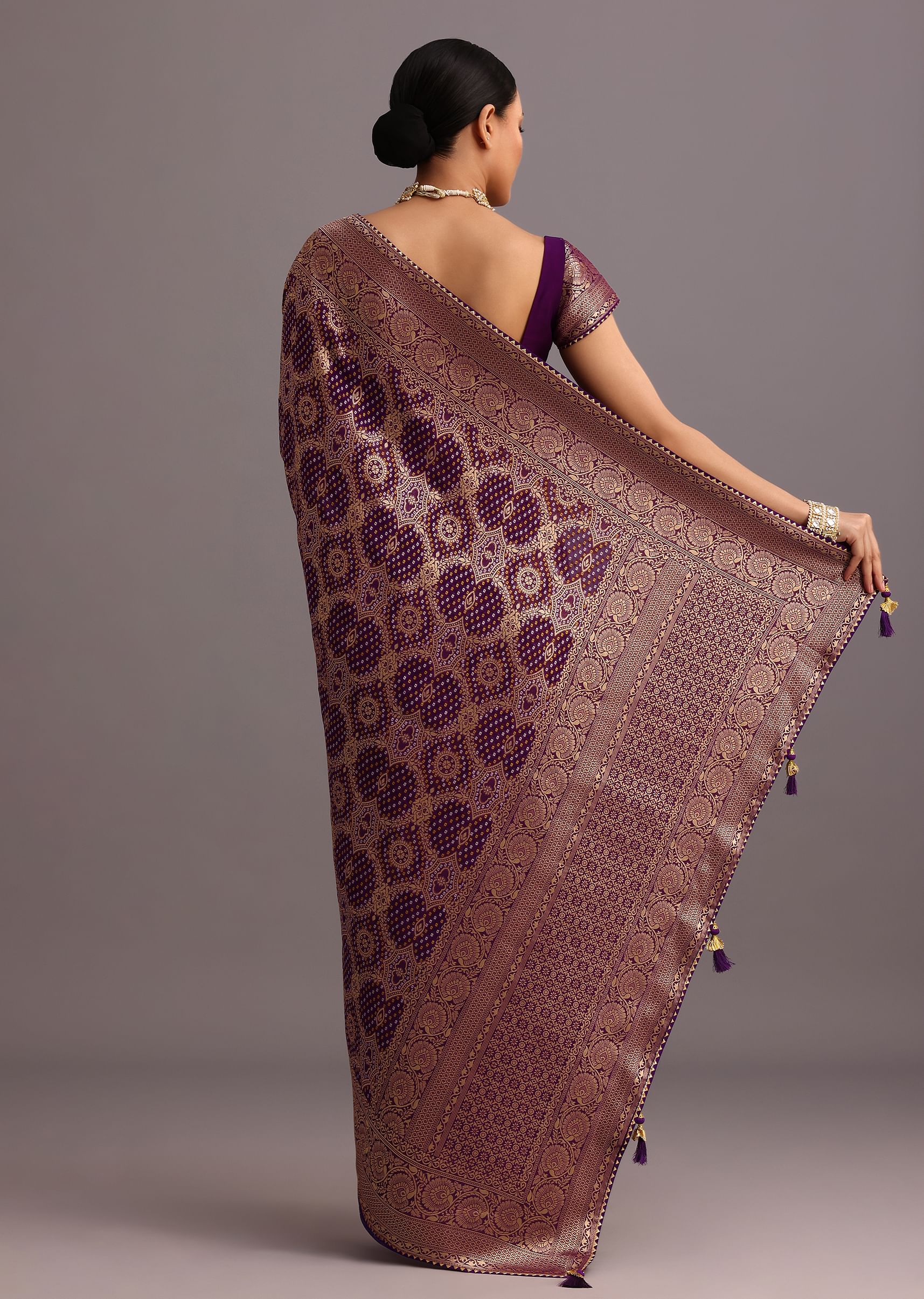 Purple Khaddi Georgette Woven Saree In Bandhani Detail With Gotta Patti Border - Image 6