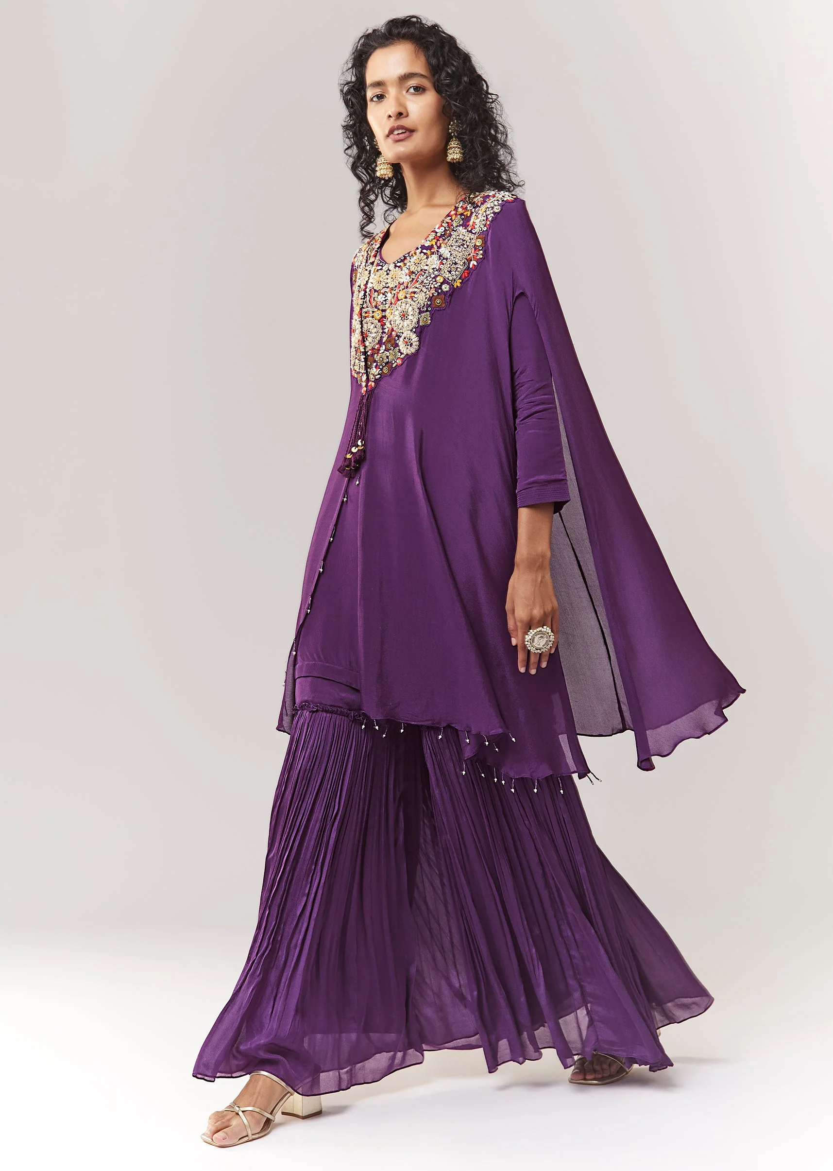 Purple Kurta Cape Sharara Set With Thread And Zardosi Work