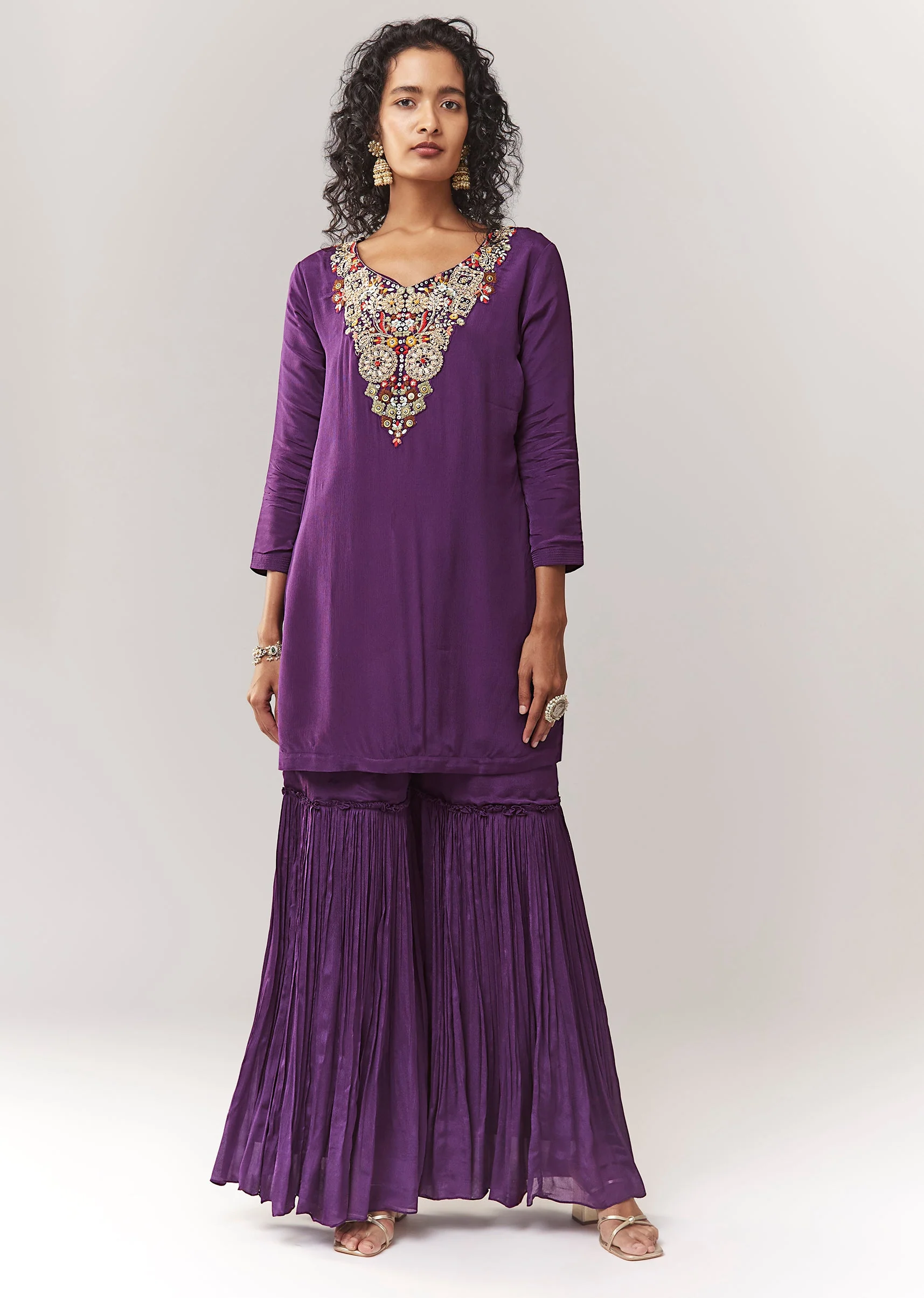 Purple Kurta Cape Sharara Set With Thread And Zardosi Work - Image 3