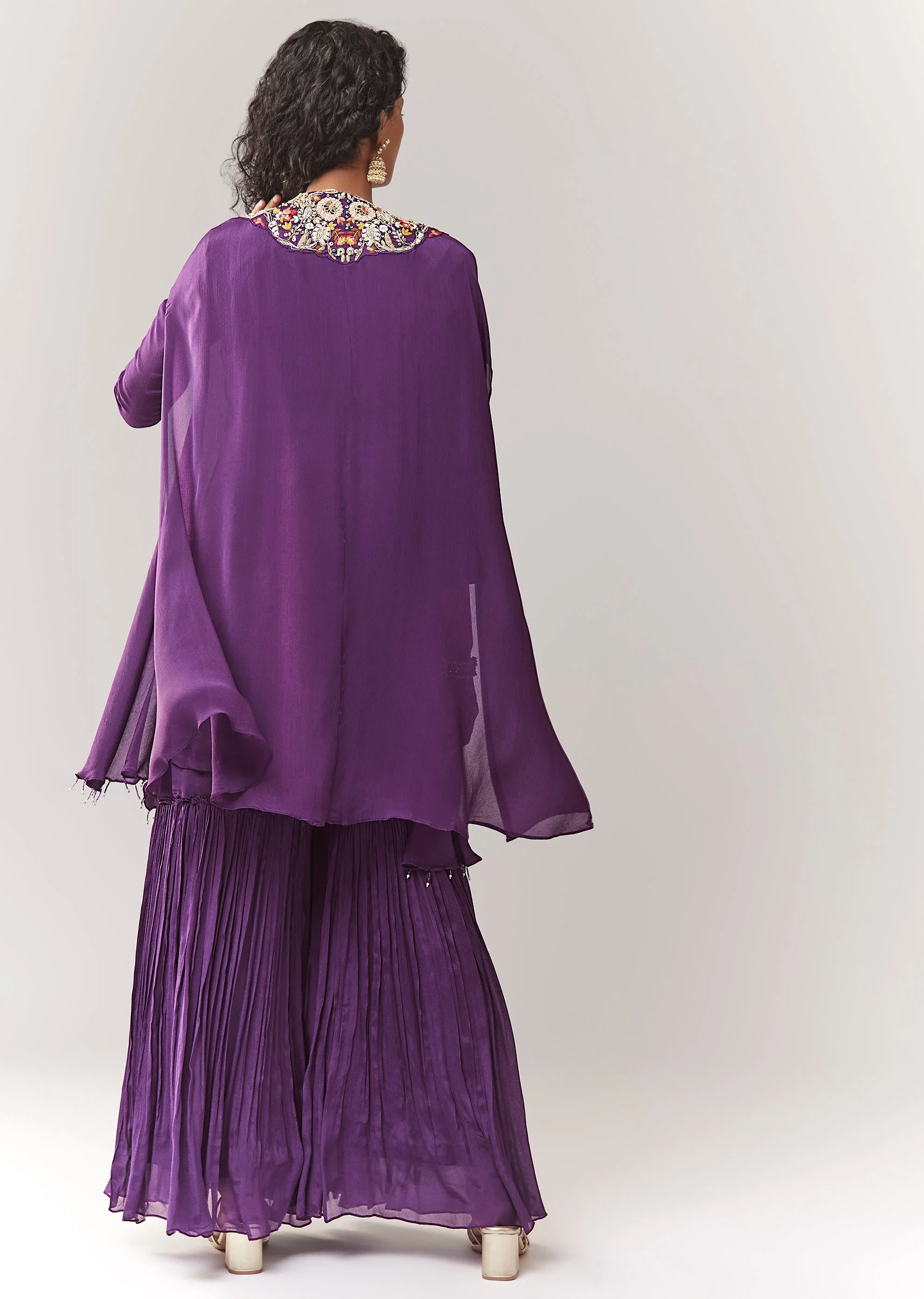 Purple Kurta Cape Sharara Set With Thread And Zardosi Work - Image 6