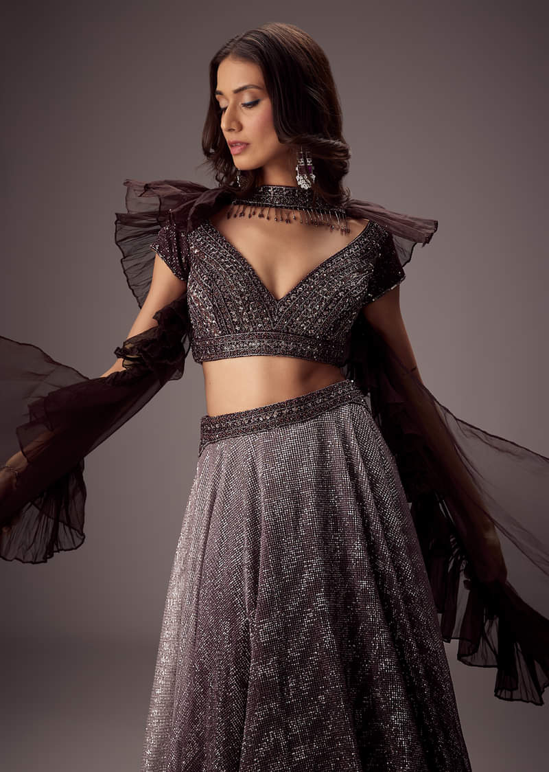 Purple Lehenga Set With Choker Style Dupatta And Flared Organza Skirt - Image 5