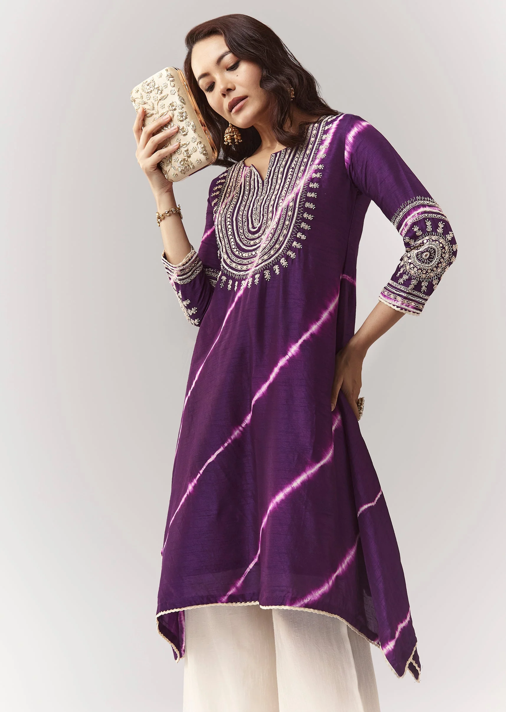 Purple Leheriya A Line Kurta Palazzo Set With Zardosi And Moti Work - Image 4