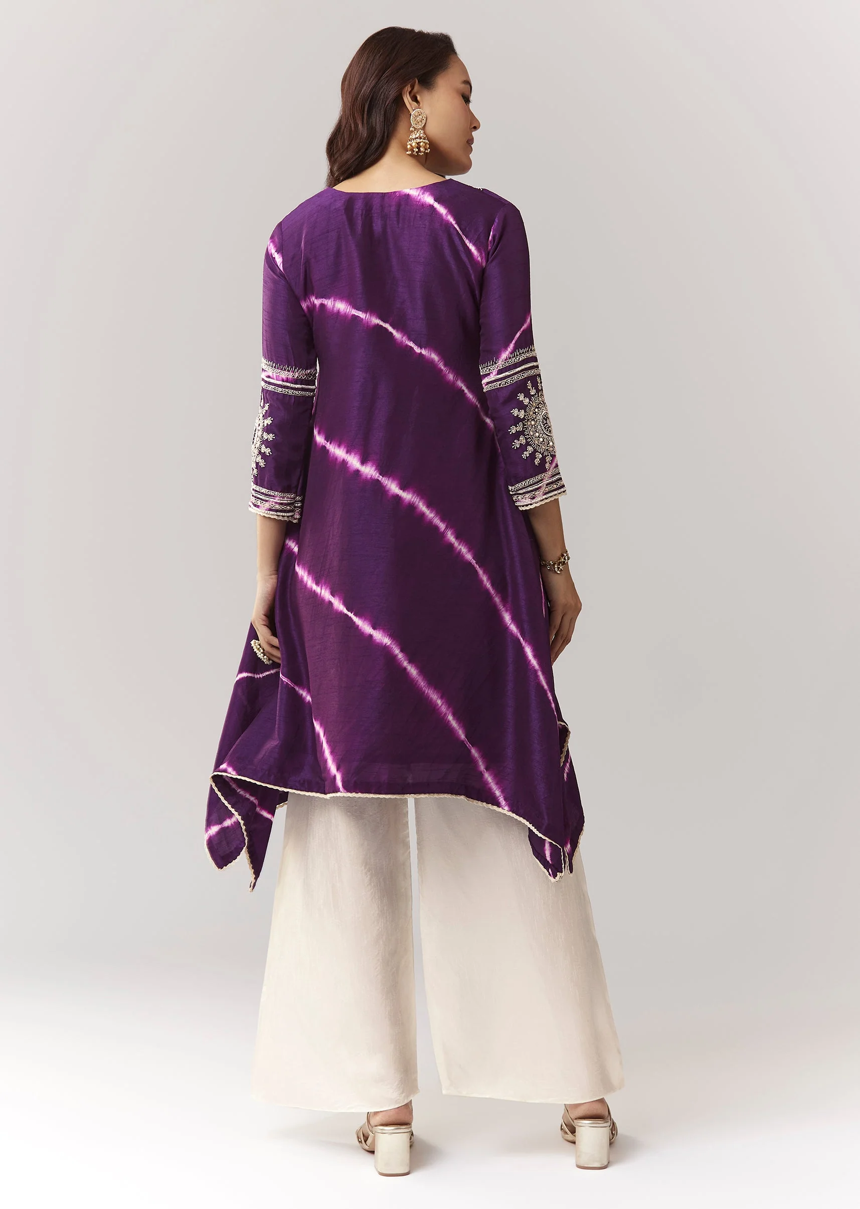 Purple Leheriya A Line Kurta Palazzo Set With Zardosi And Moti Work - Image 5