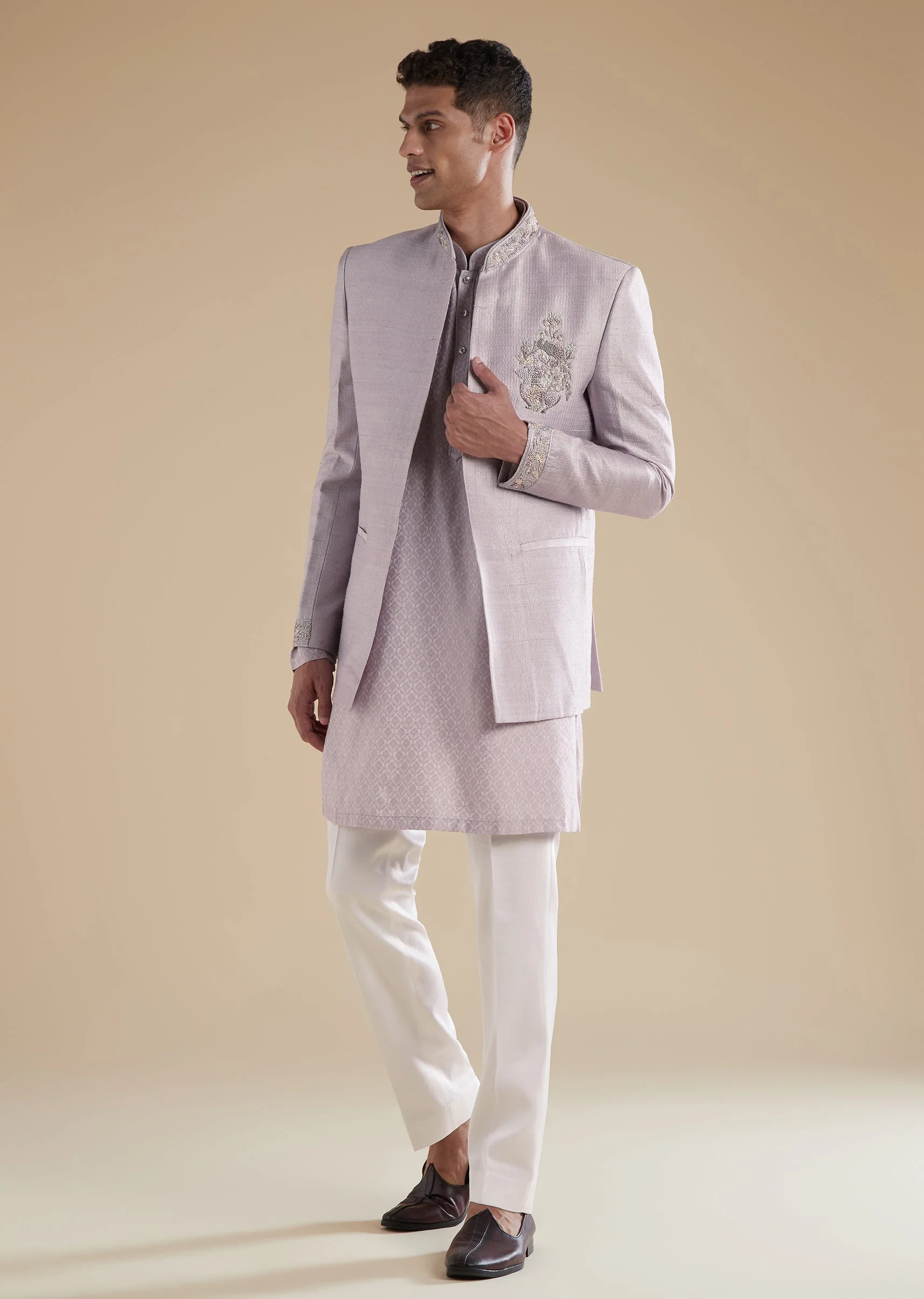 Purple Lilac Jacquard Indowestern With French Knot Cut Dana Work