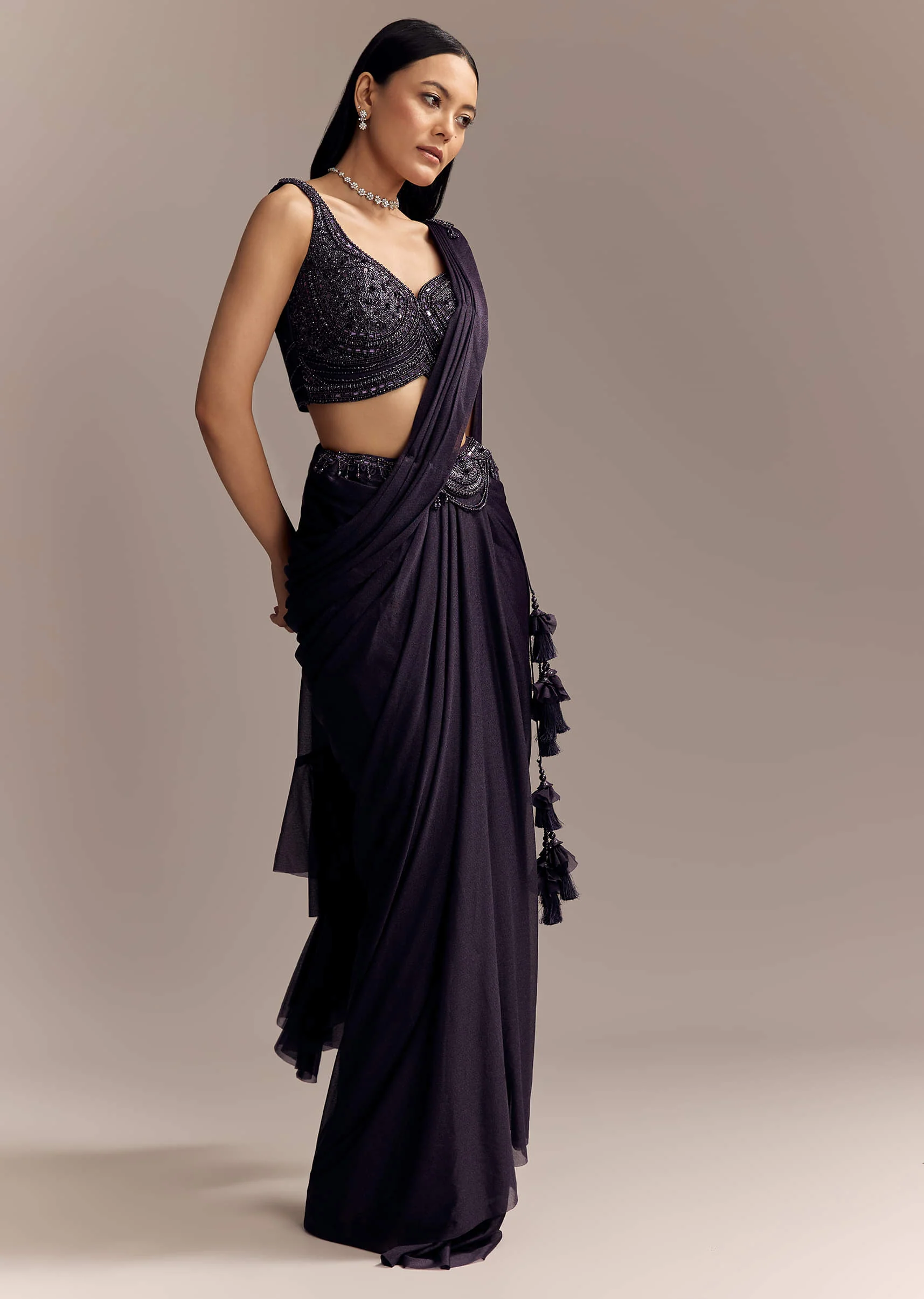 Purple Lycra Ready Pleated Saree With Embroidery And Matching Blouse