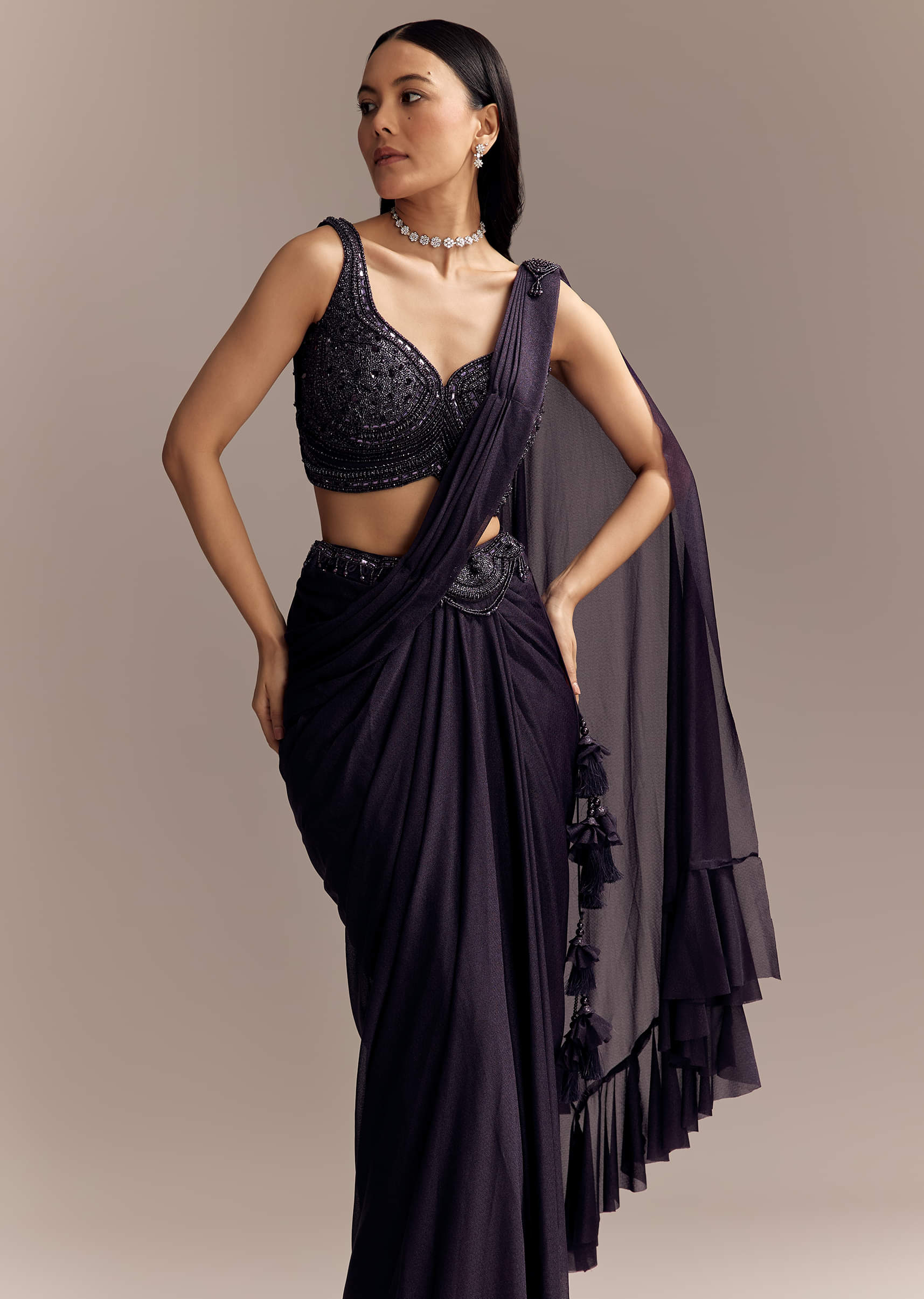 Purple Lycra Ready Pleated Saree With Embroidery And Matching Blouse - Image 4