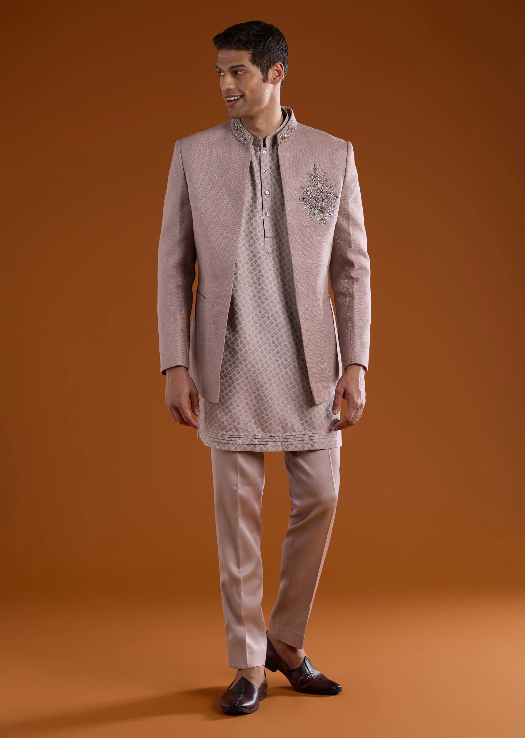 Purple Matka Silk Jodhpuri Kurta Set with Cutdana Work - Image 3