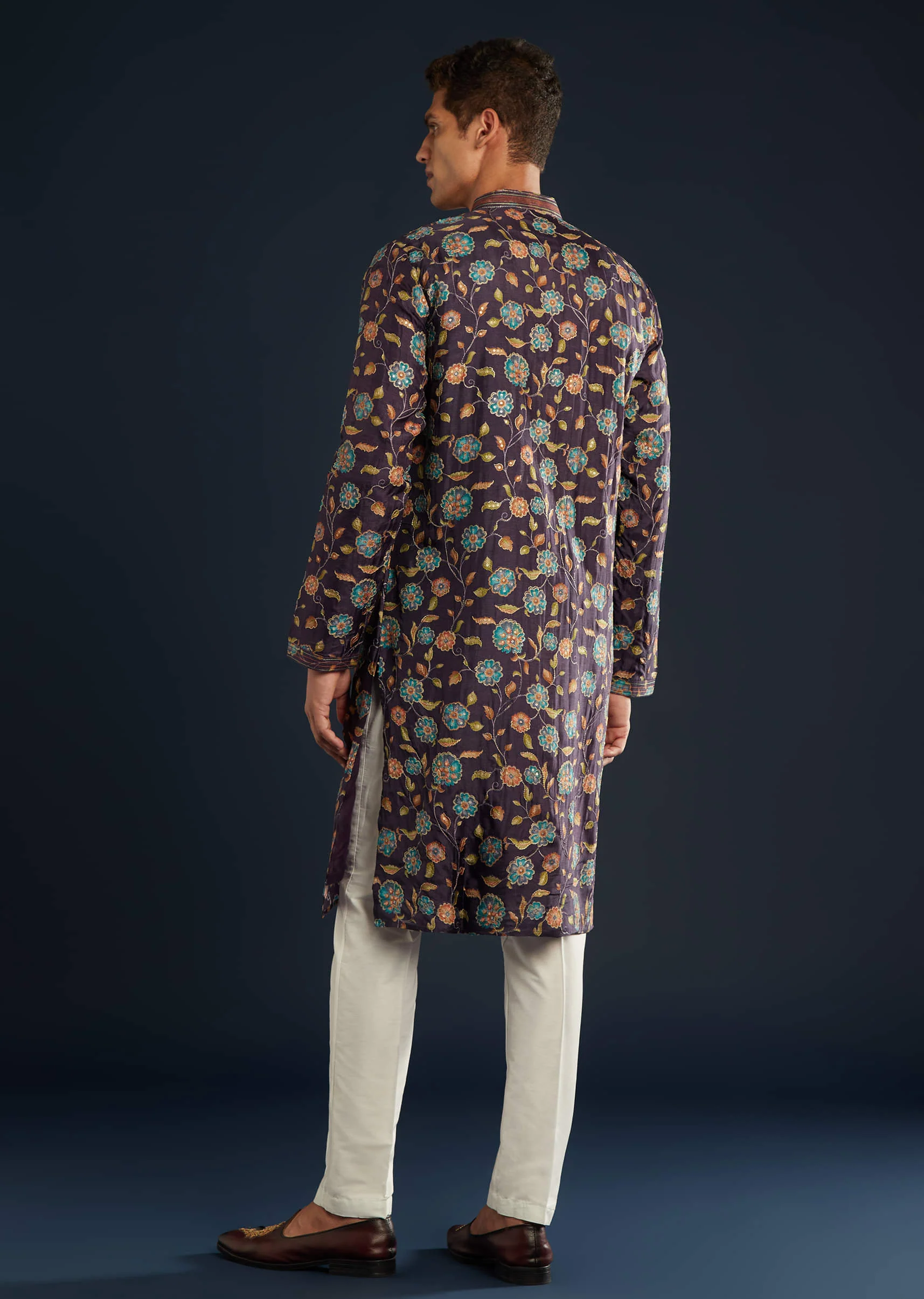 Purple Mens Floral Print Silk Kurta Set with Sequin Work - Image 3