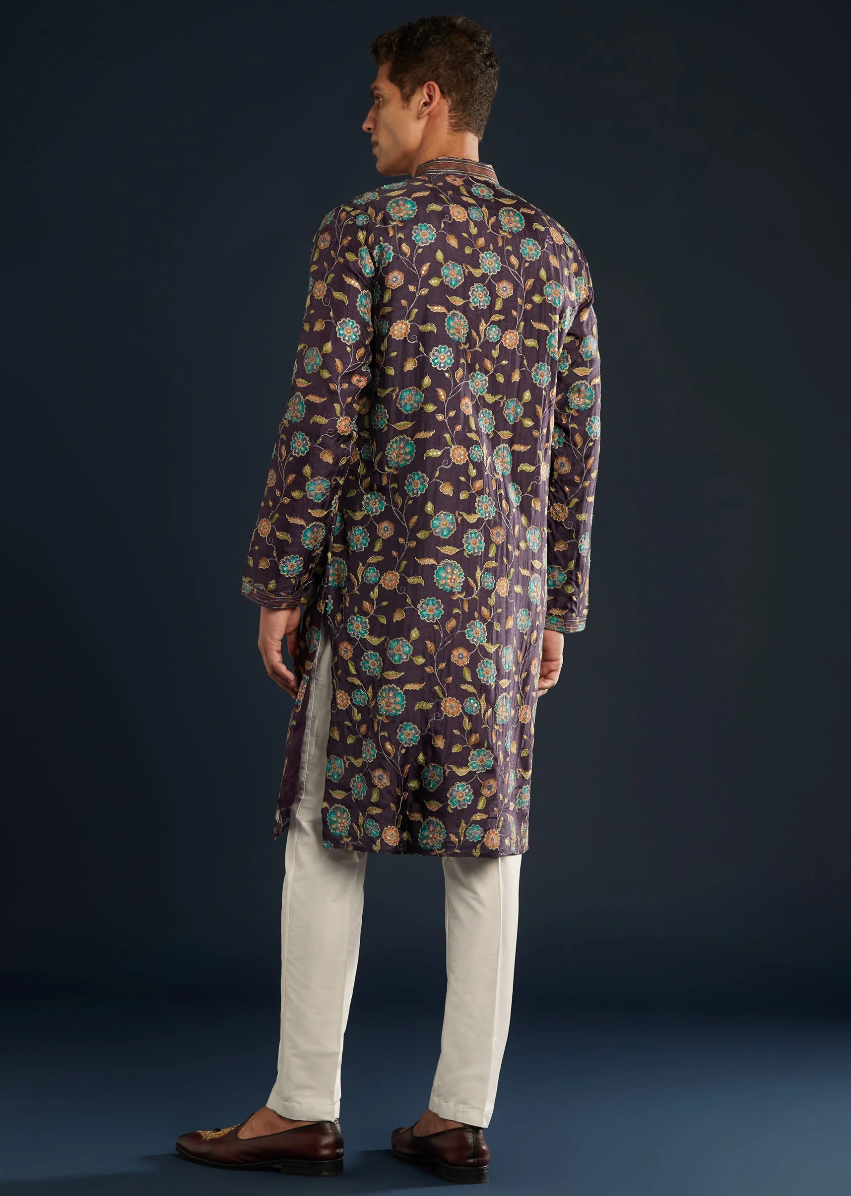 Purple Mens Floral Print Silk Kurta Set with Sequin Work - Image 5