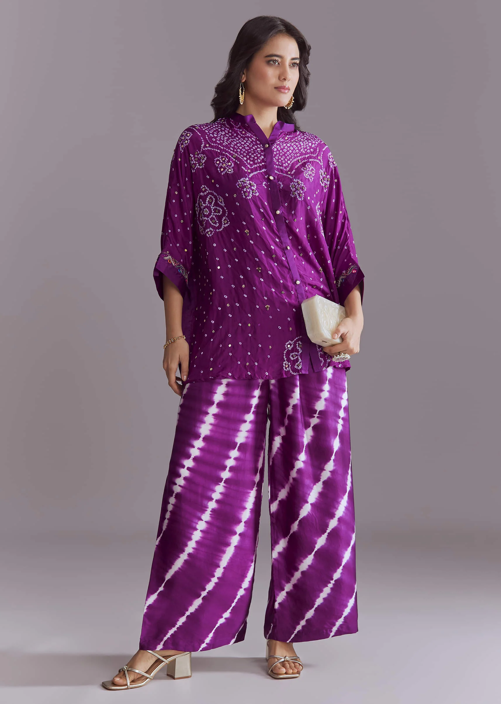 Purple Modal Silk Co-Ord Set With Authentic Bandhani And Leheriya Print - Image 3