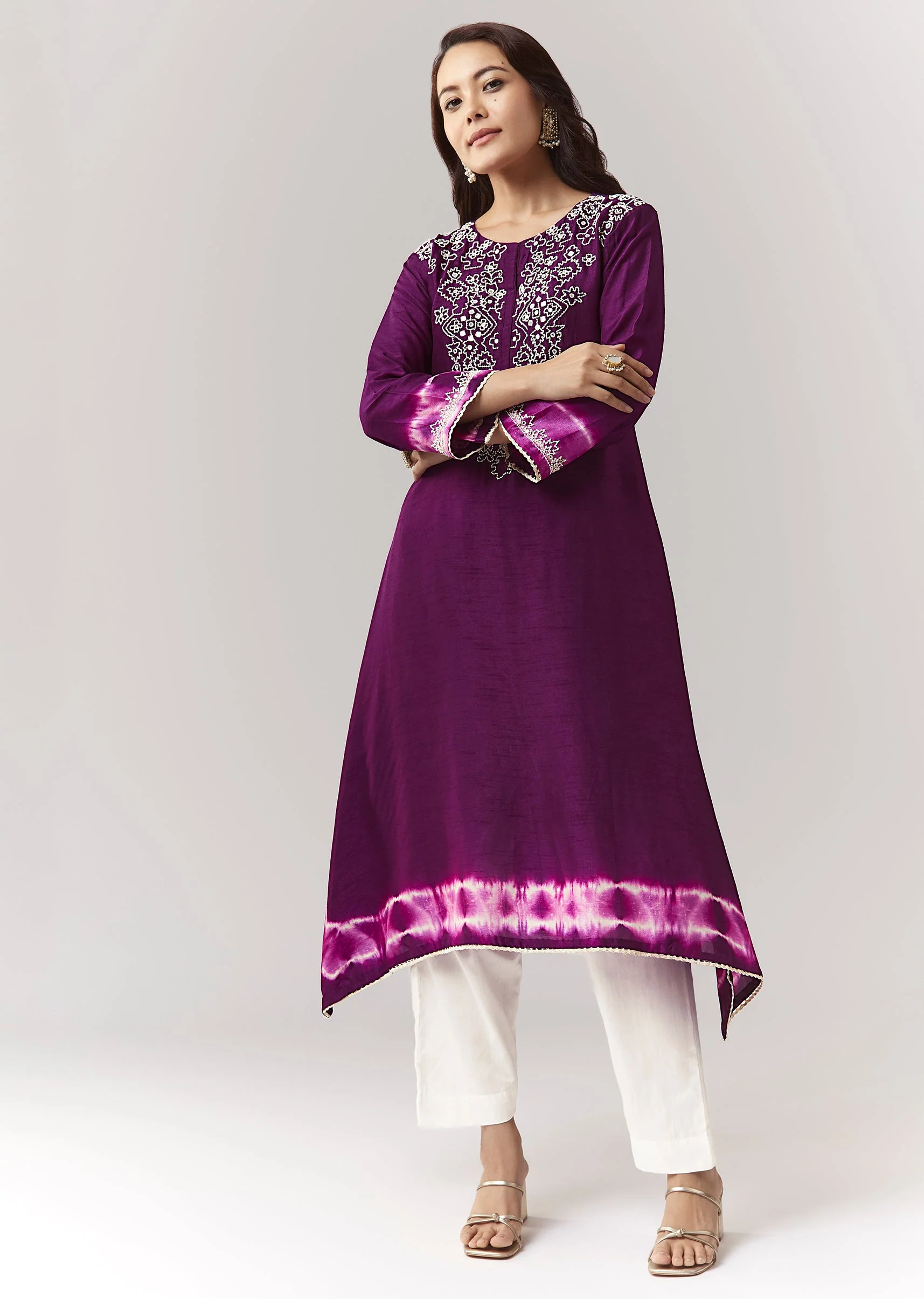 Purple Moti Mirror Kurta Pant Coord With Leheriya Border