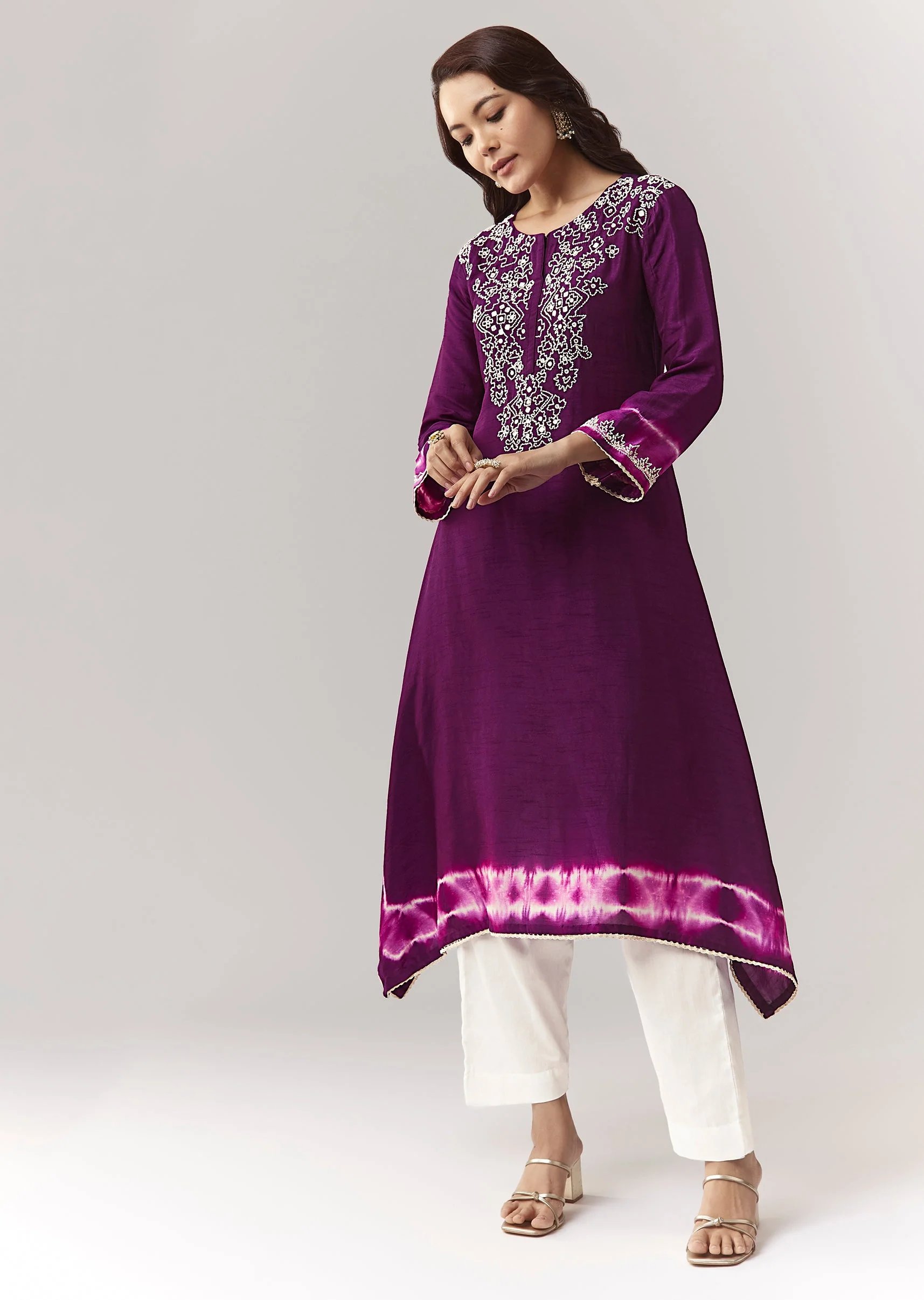 Purple Moti Mirror Kurta Pant Coord With Leheriya Border - Image 3