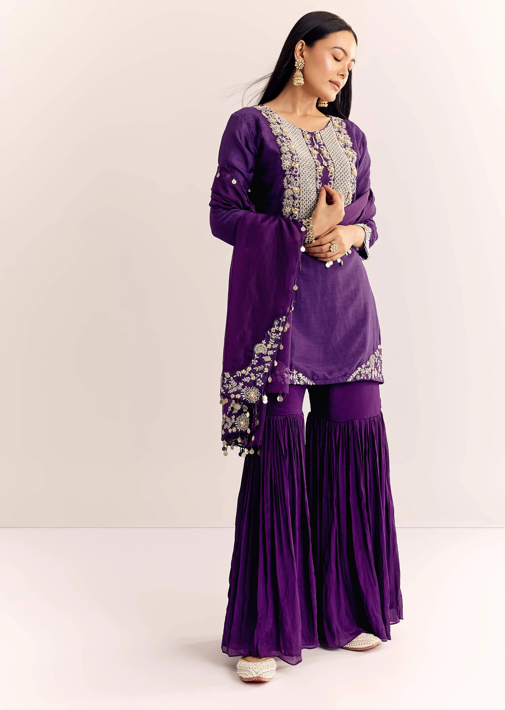 Purple Moti Threadwork Dola Silk Sharara Suit With Organza Dupatta - Image 3