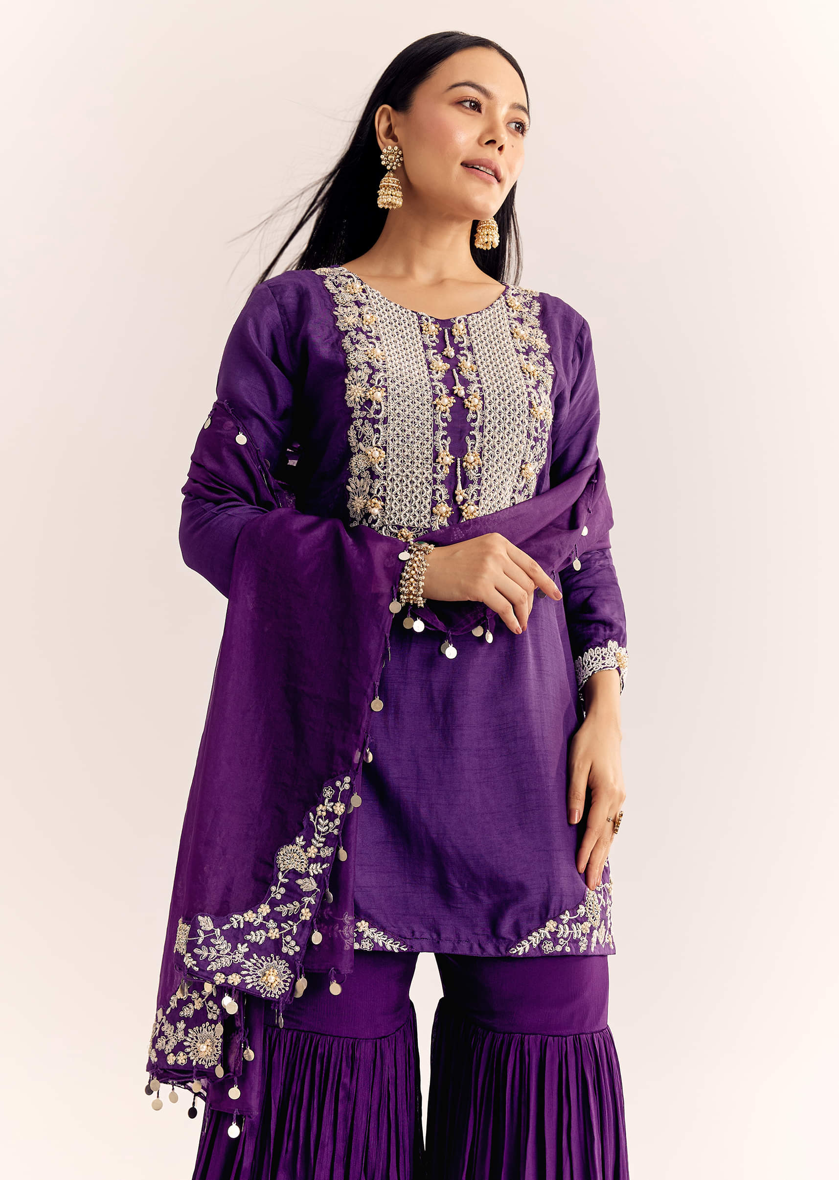 Purple Moti Threadwork Dola Silk Sharara Suit With Organza Dupatta - Image 4