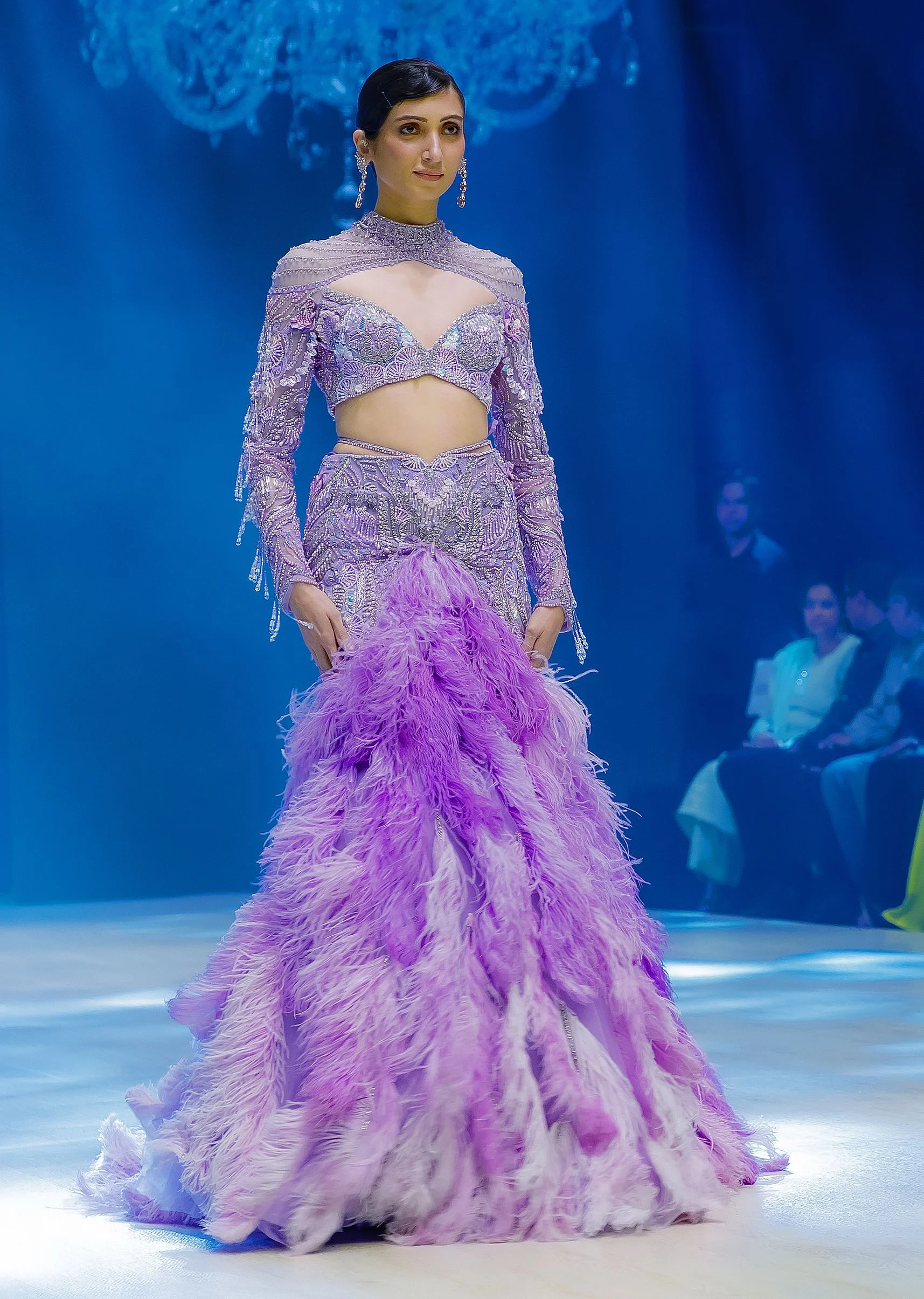 Purple Fish Cut Trail Skirt Lehenga Set with 3D Crystal And Feather Detailing - Image 2