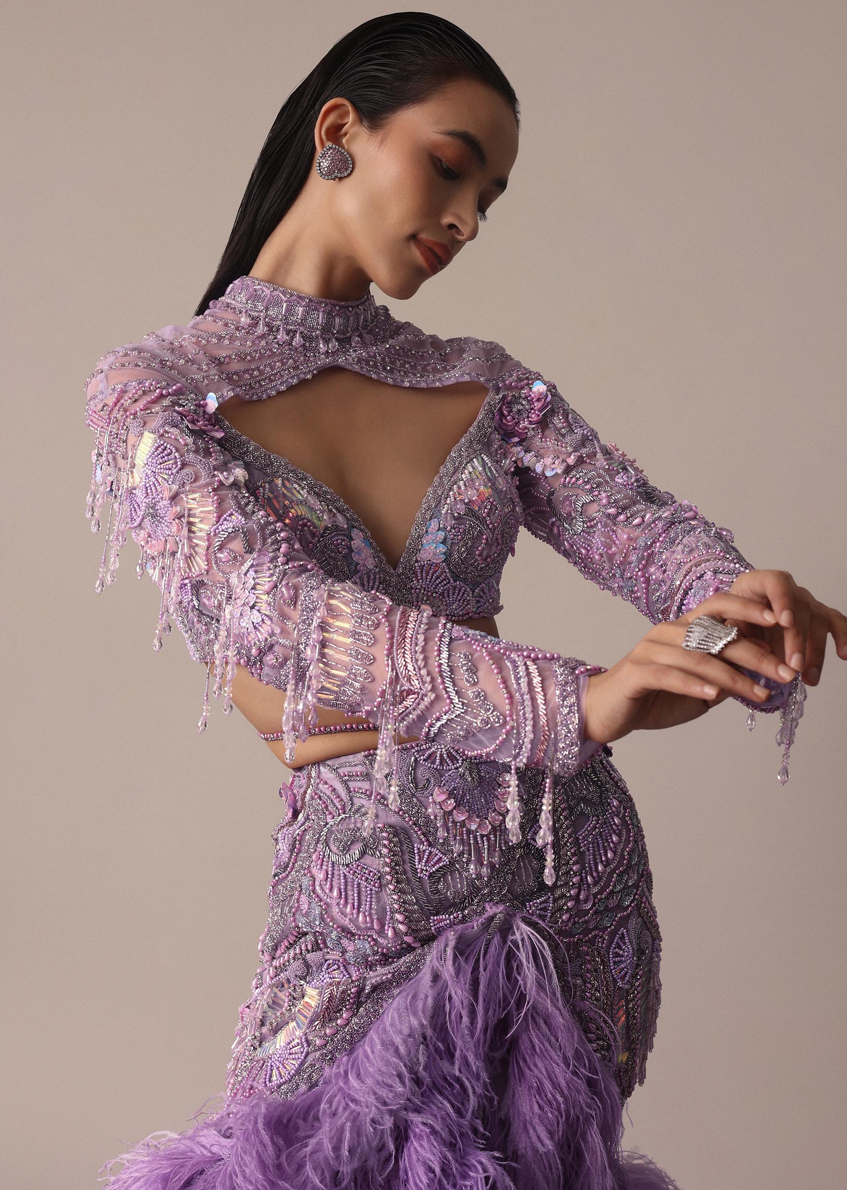 Purple Fish Cut Trail Skirt Lehenga Set with 3D Crystal And Feather Detailing - Image 5