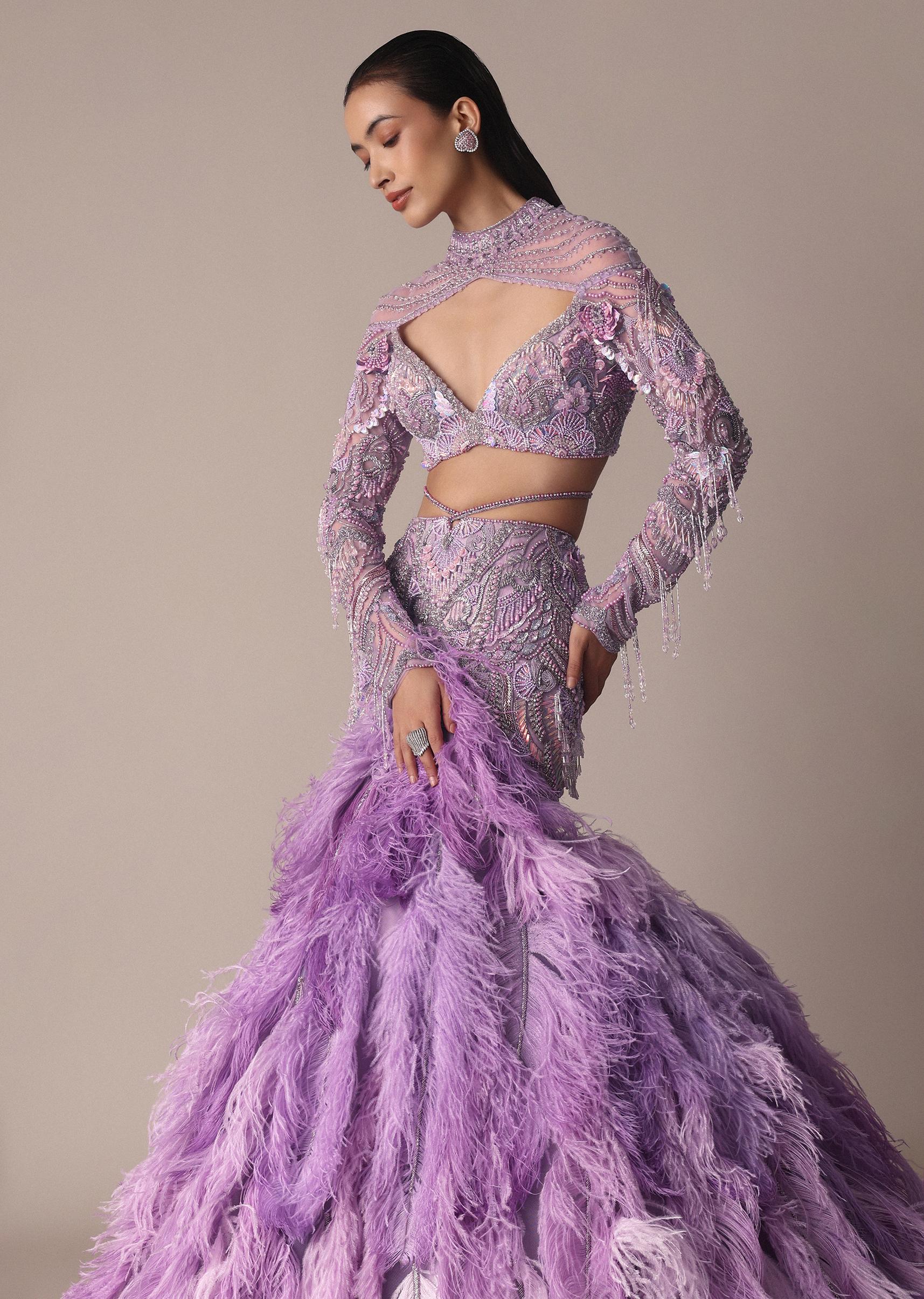 Purple Fish Cut Trail Skirt Lehenga Set with 3D Crystal And Feather Detailing - Image 6