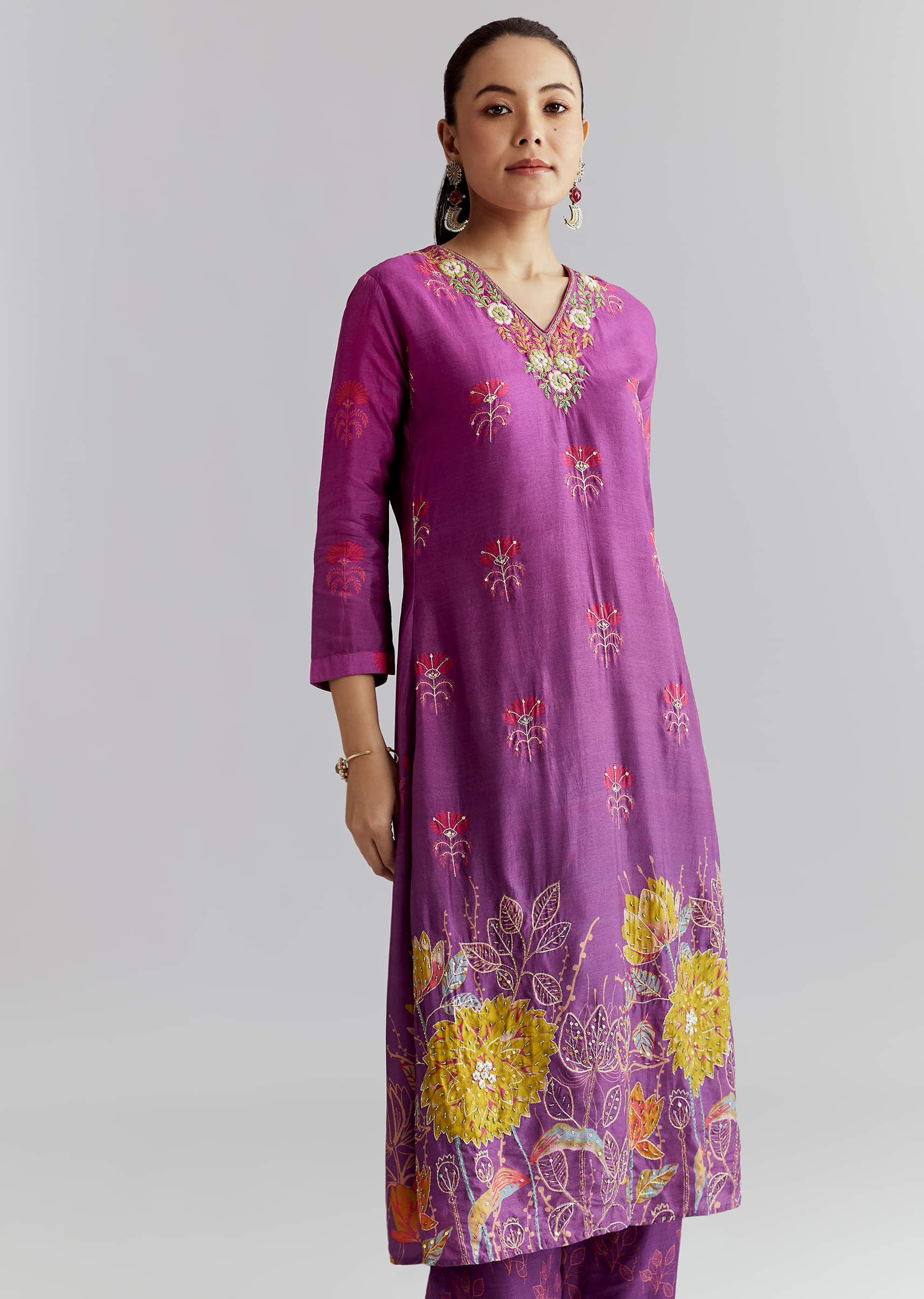 Purple Ombre Crepe Palazzo Suit With Floral Print - Image 4
