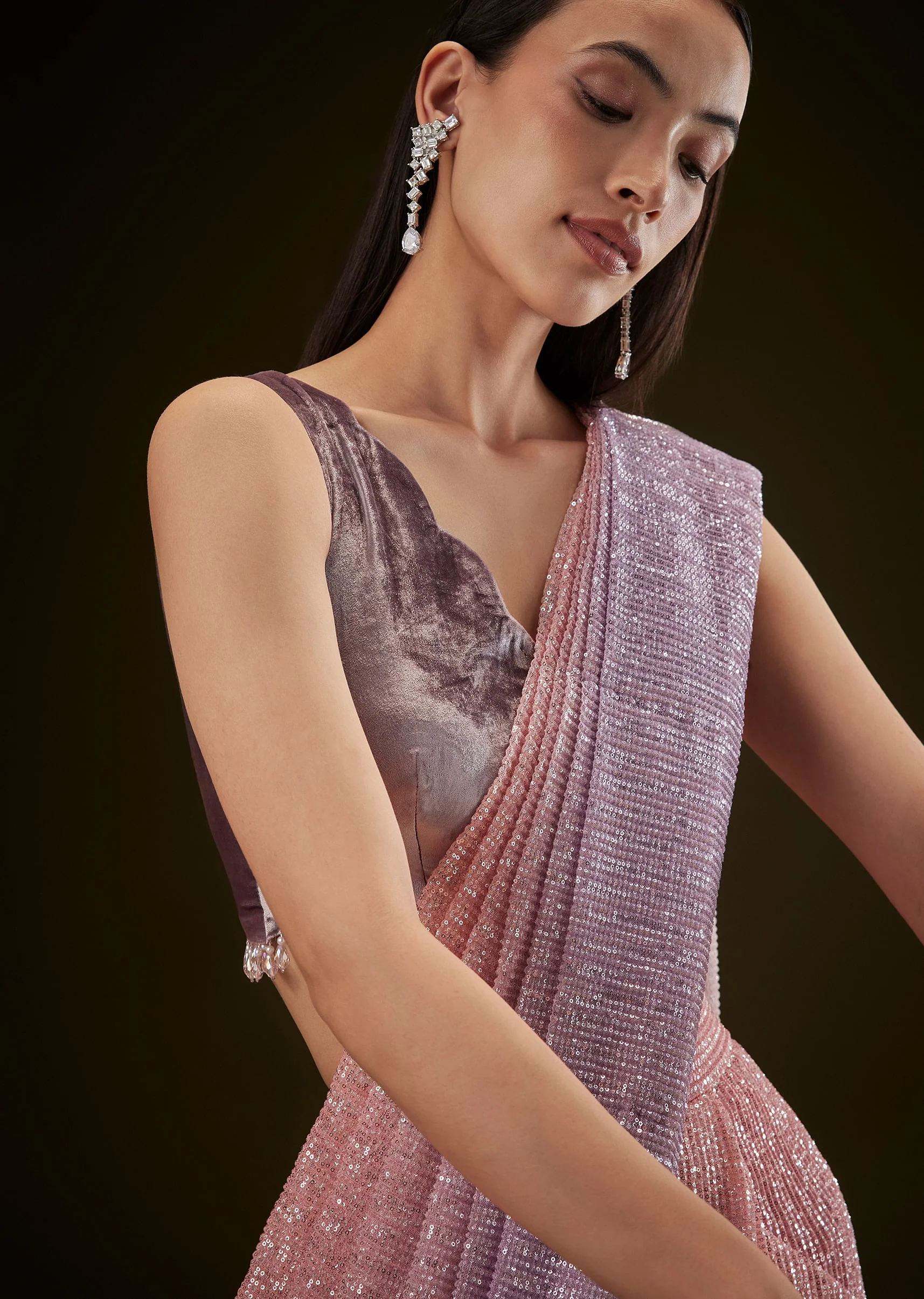 Purple Ombre Ready Draped Sequin Saree With Fancy Blouse - Image 4