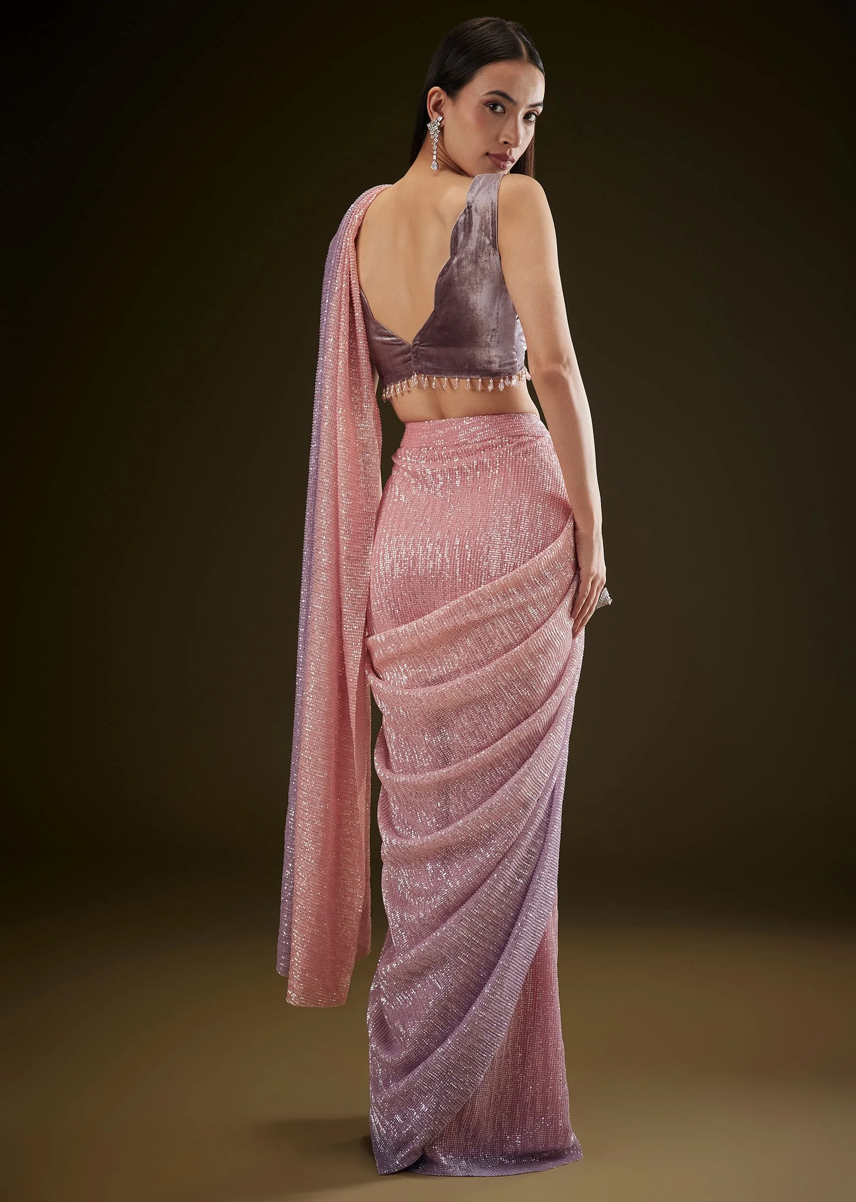 Purple Ombre Ready Draped Sequin Saree With Fancy Blouse - Image 5