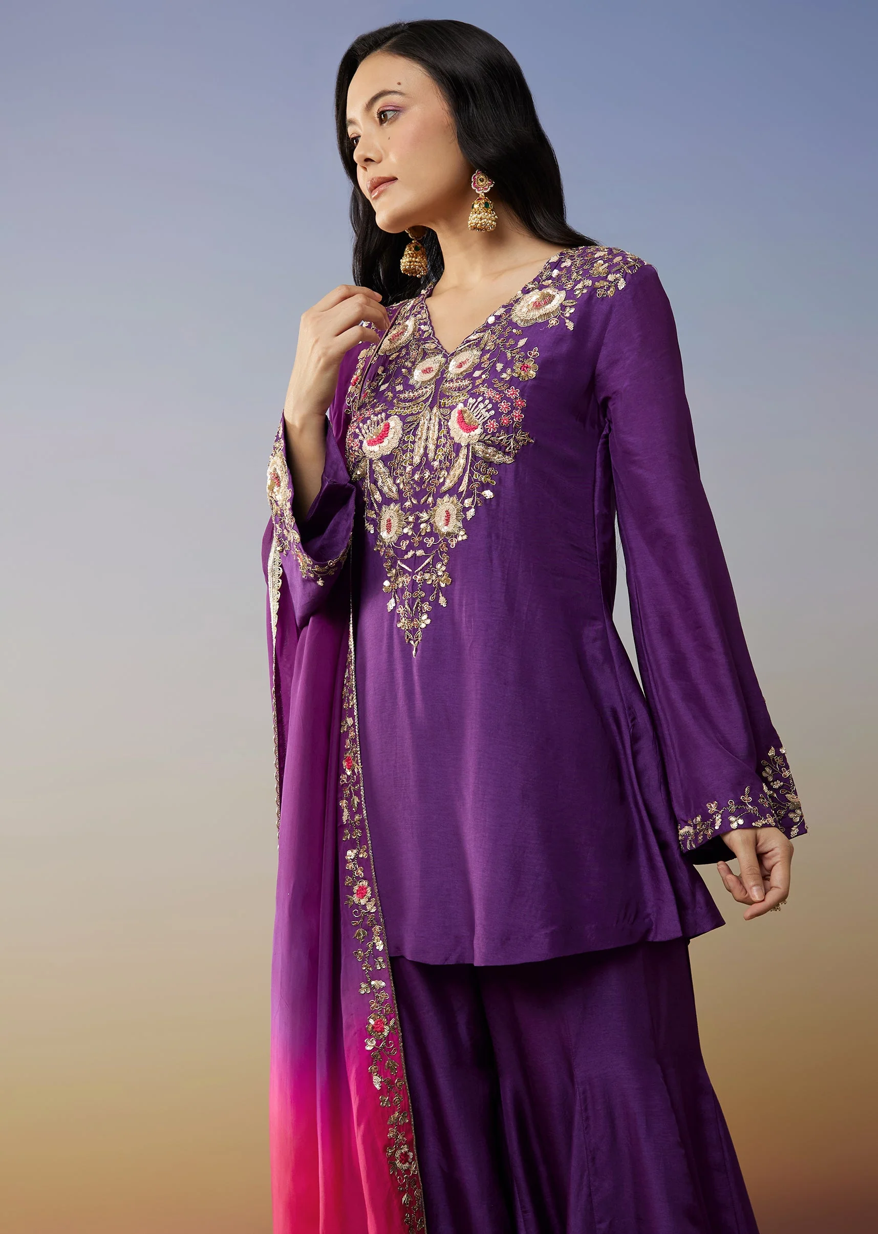 Purple Ombre Satin Palazzo Suits with Zardosi Sequins Work - Image 4