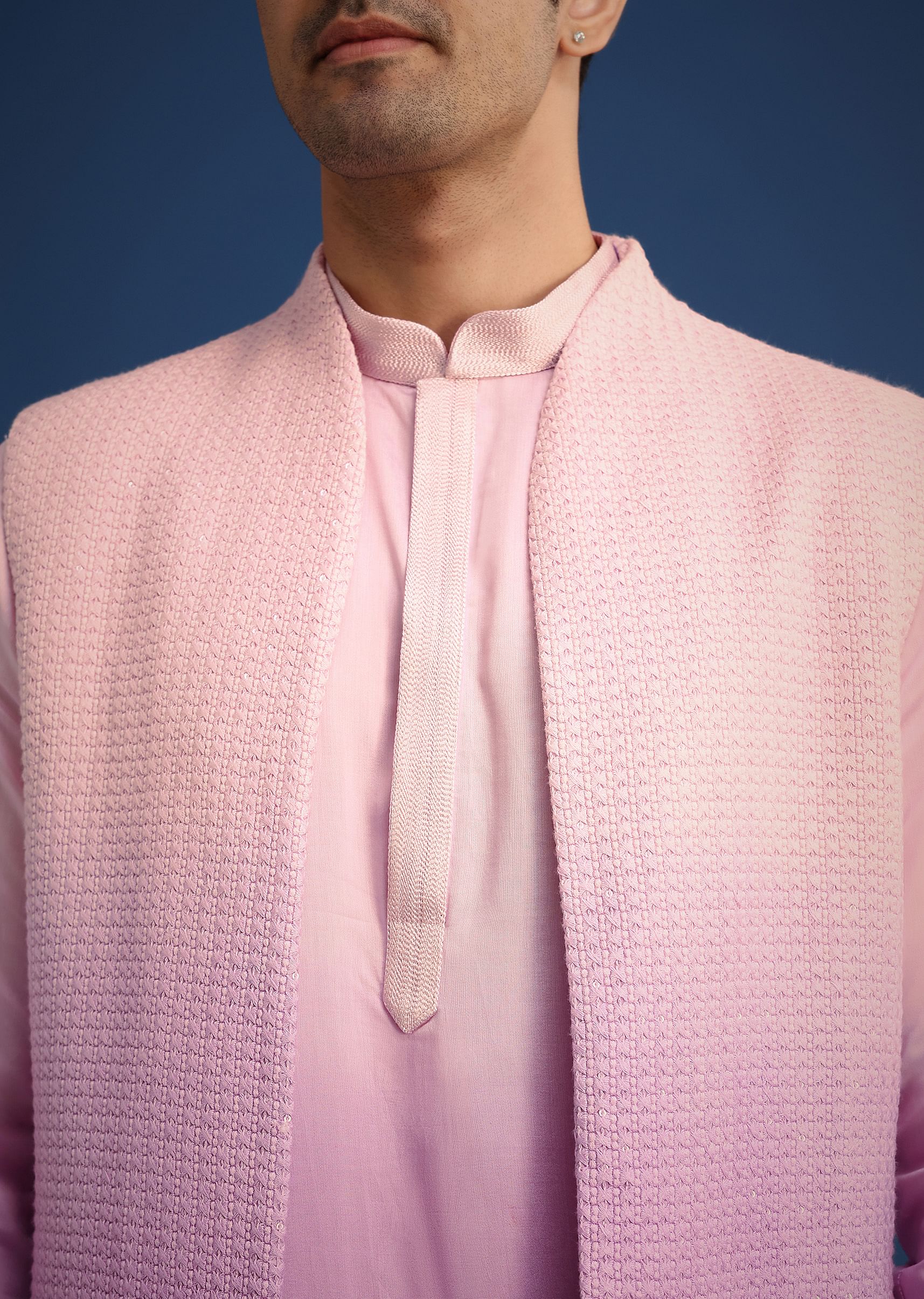 Purple Ombre Silk Zardozi Work Long Jacket And Kurta Set - Image 3
