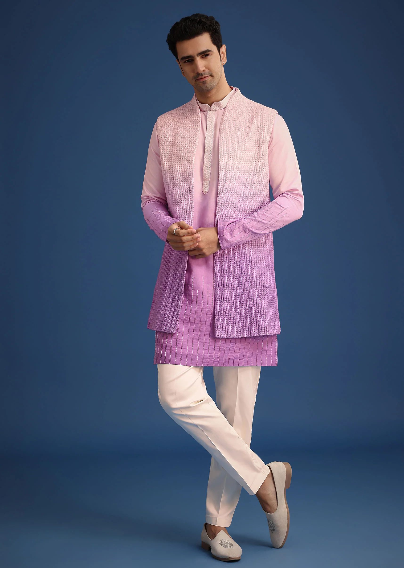 Purple Ombre Silk Zardozi Work Long Jacket And Kurta Set - Image 4