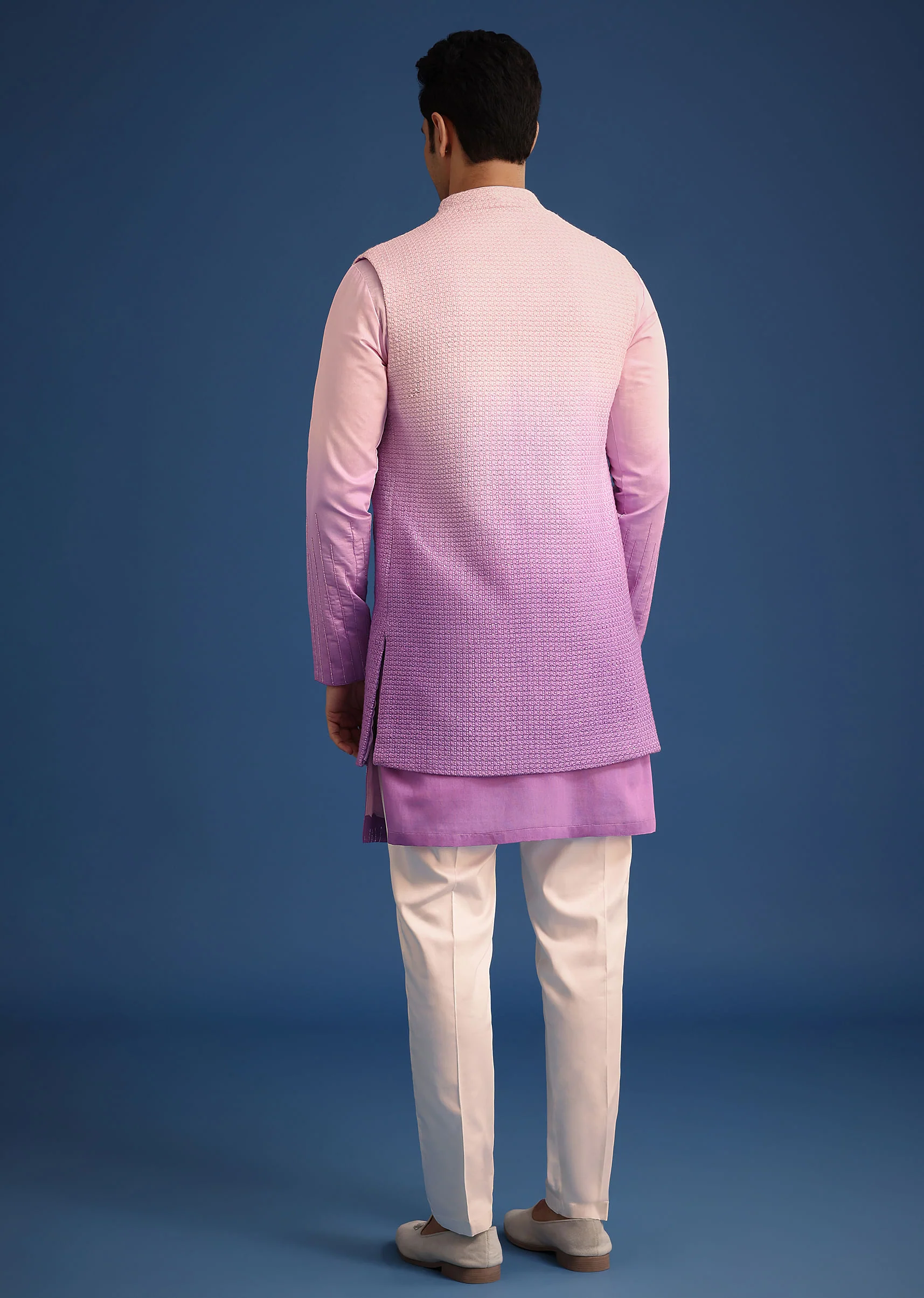 Purple Ombre Silk Zardozi Work Long Jacket And Kurta Set - Image 5