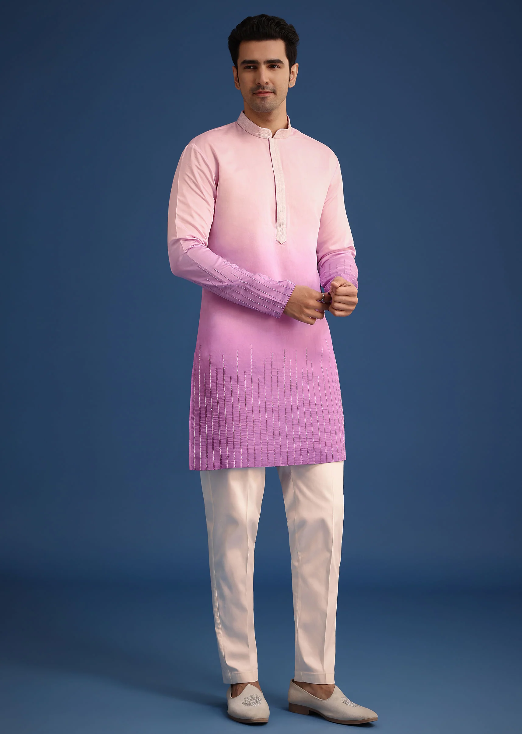 Purple Ombre Silk Zardozi Work Long Jacket And Kurta Set - Image 6